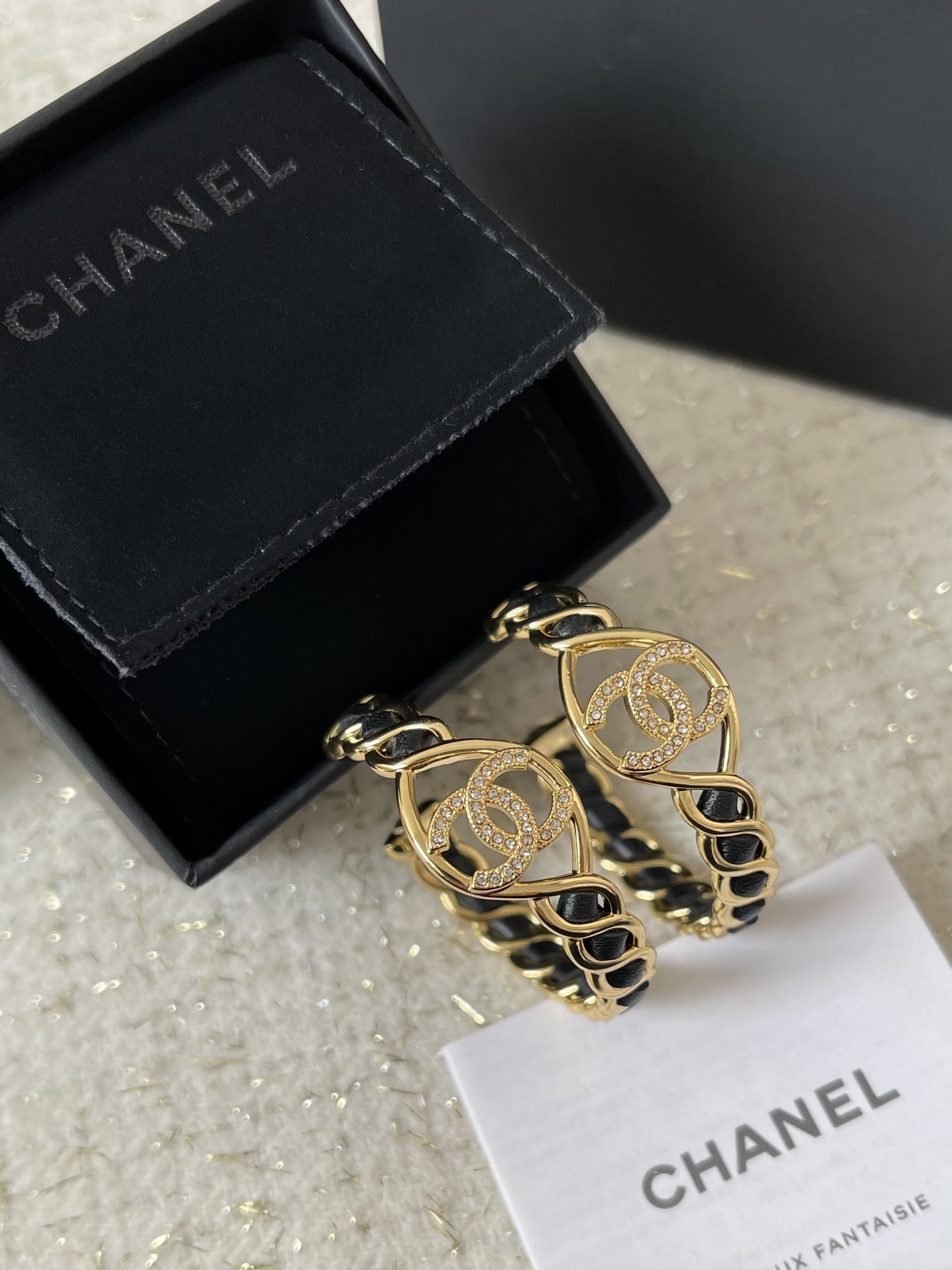 Luxury CC Logo Gold Hoop Earrings with Black Leather Intertwined