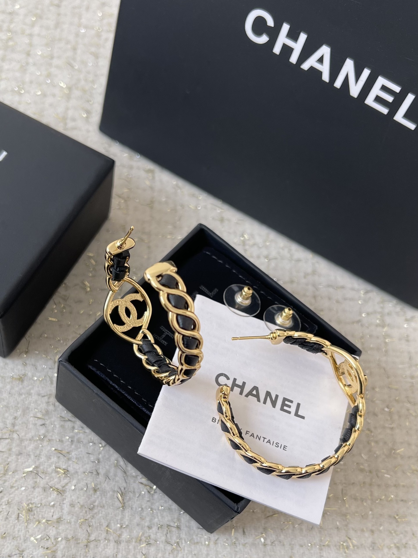Luxury CC Logo Gold Hoop Earrings with Black Leather Intertwined