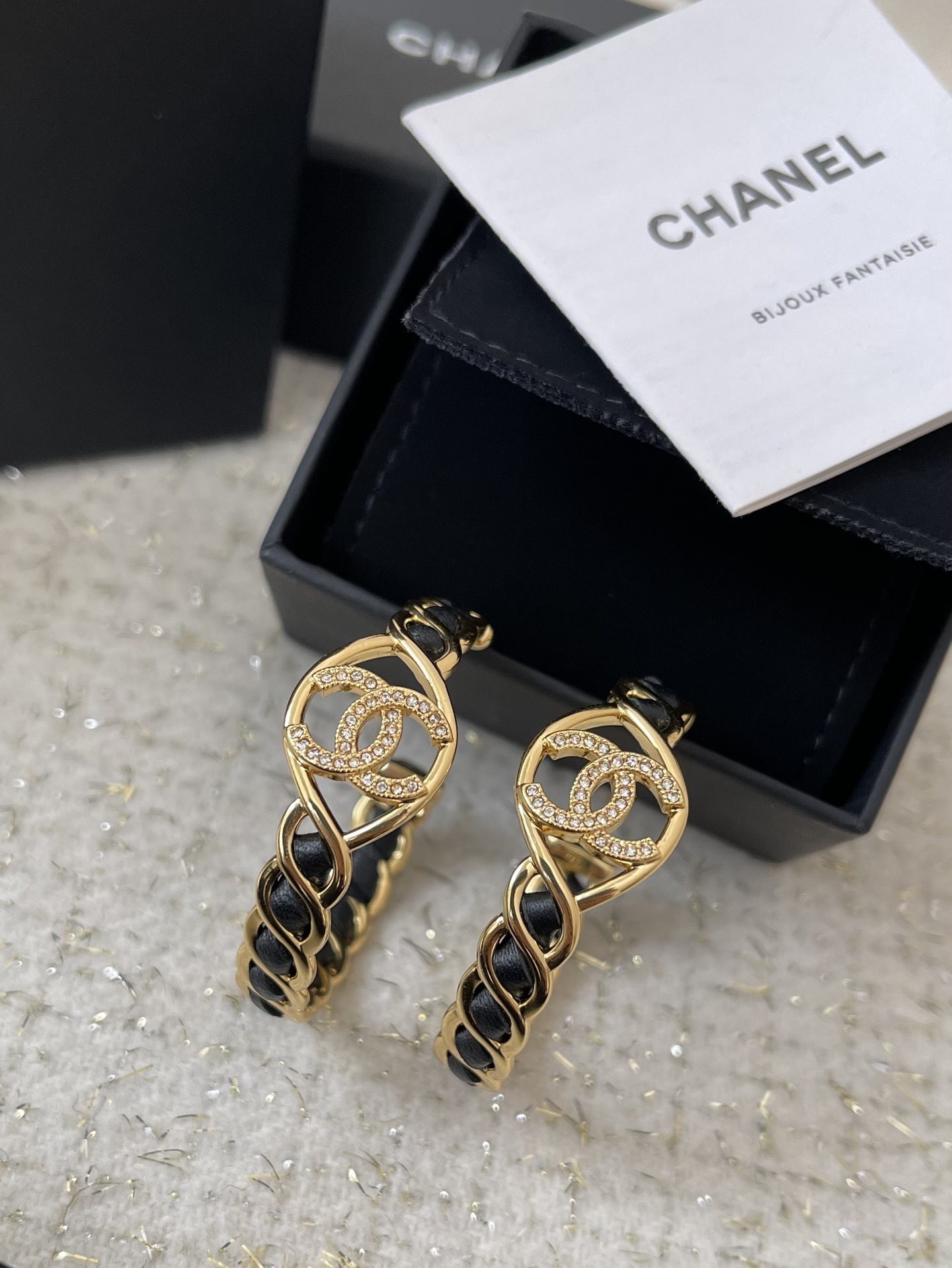 Luxury CC Logo Gold Hoop Earrings with Black Leather Intertwined