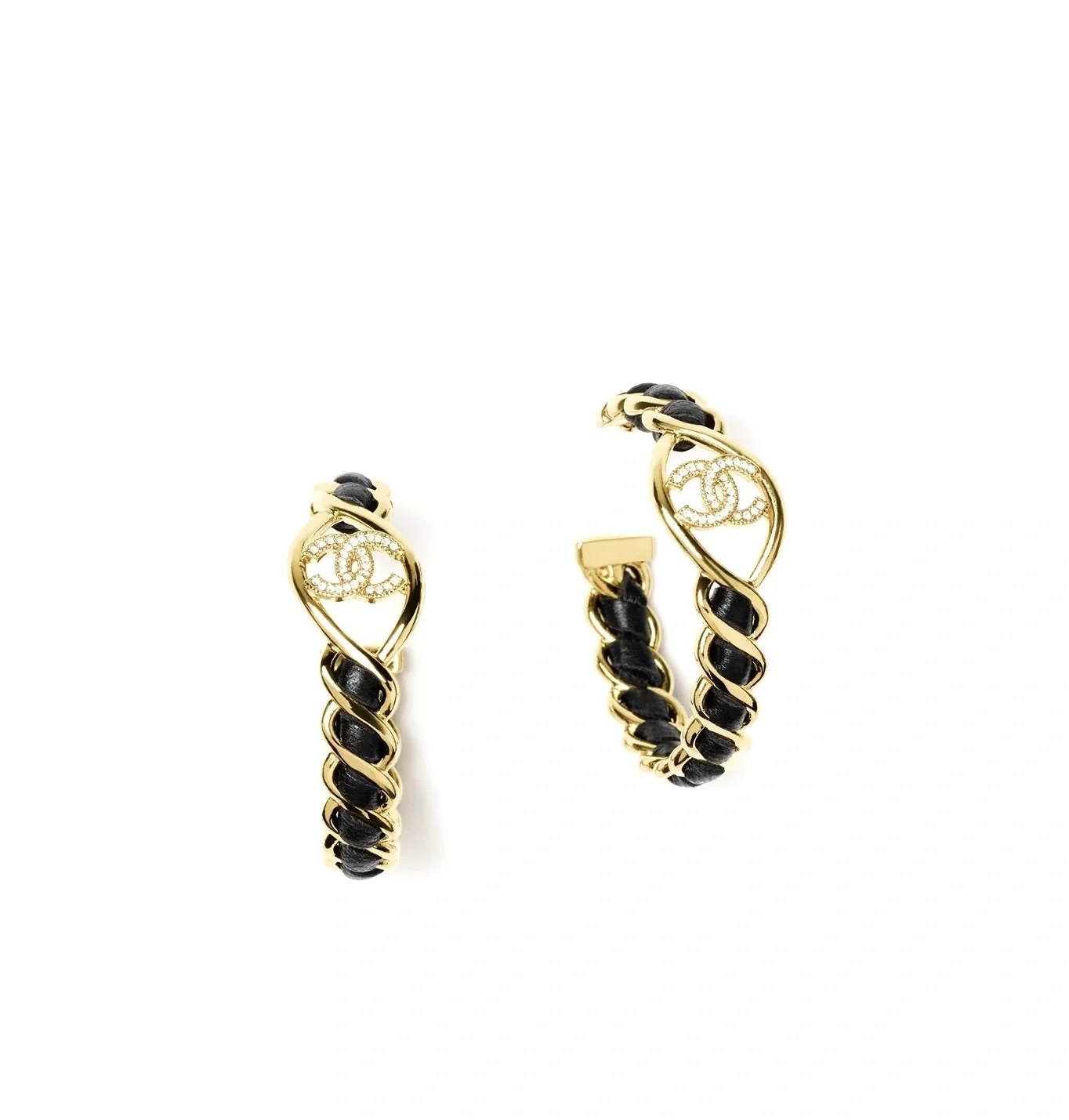 Luxury CC Logo Gold Hoop Earrings with Black Leather Intertwined