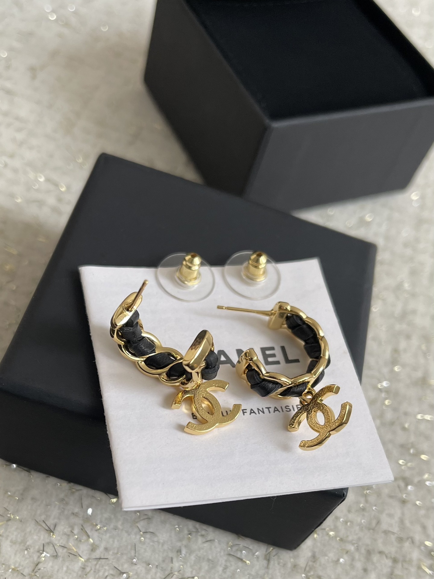 Elegant Gold-Tone CC Dangle Earrings with Interwoven Black Leather