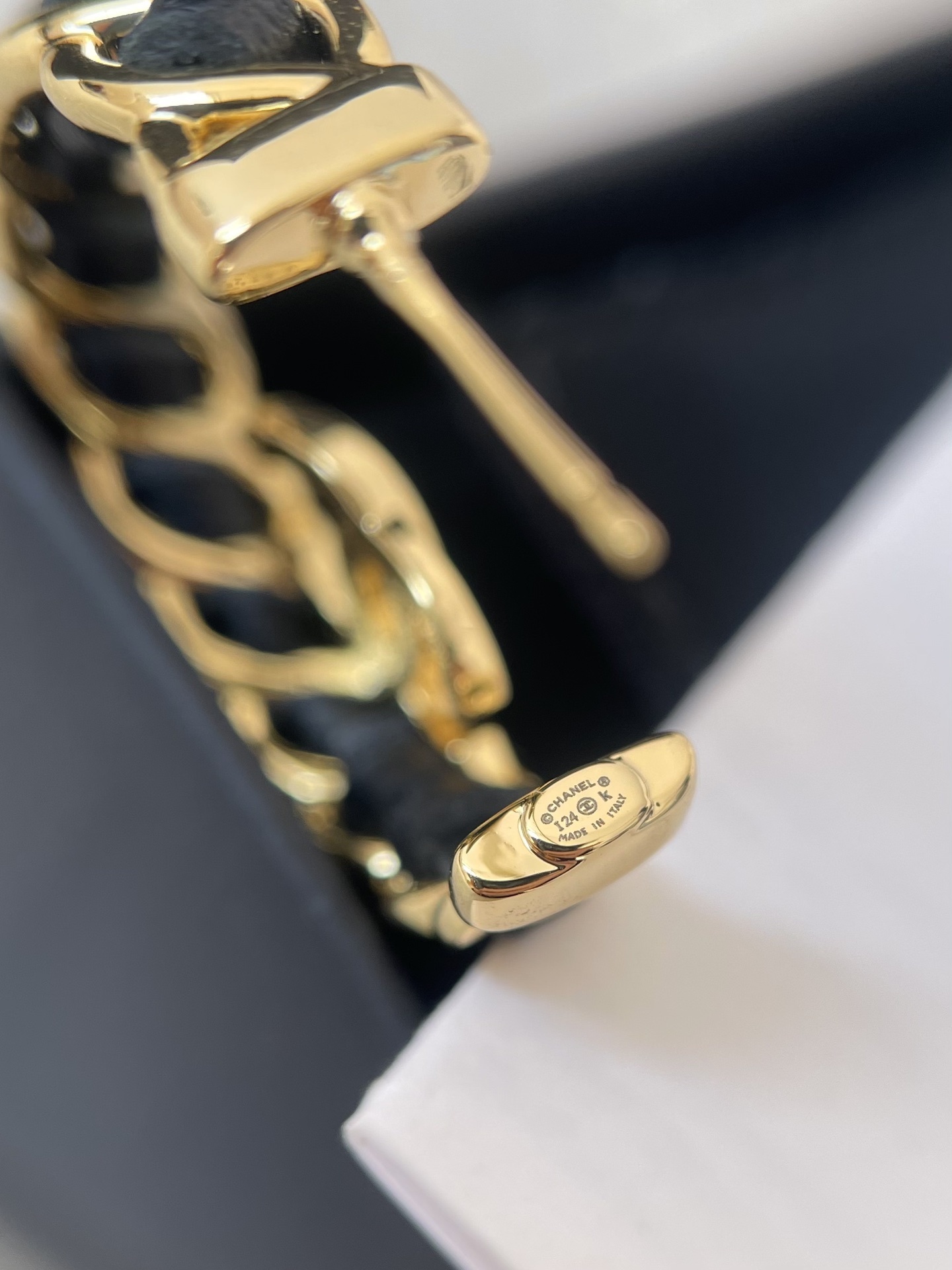 Chanel Gold-Tone & Black Leather Interwoven CC Logo Hoop Earrings