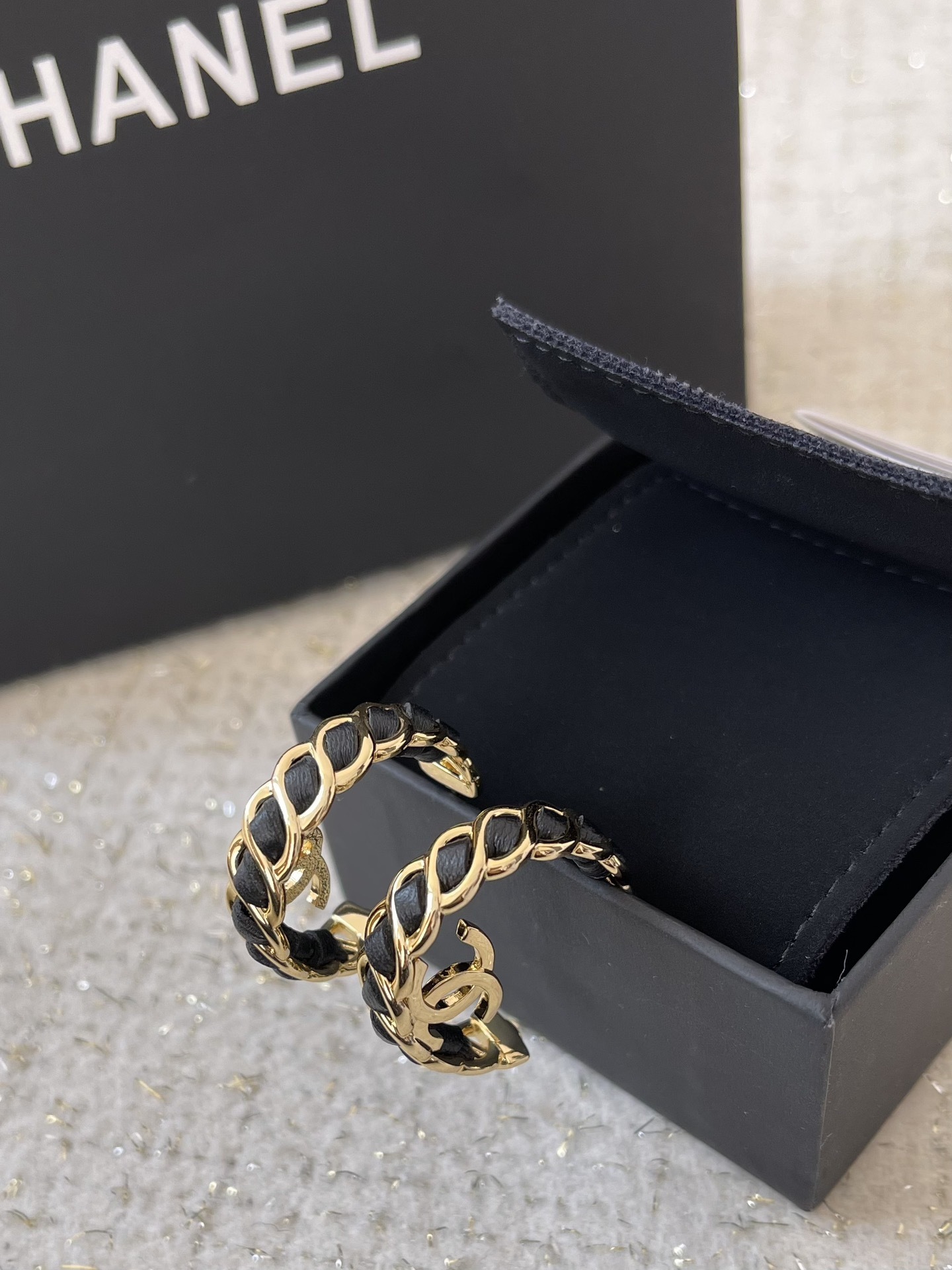 Chanel Gold-Tone & Black Leather Interwoven CC Logo Hoop Earrings