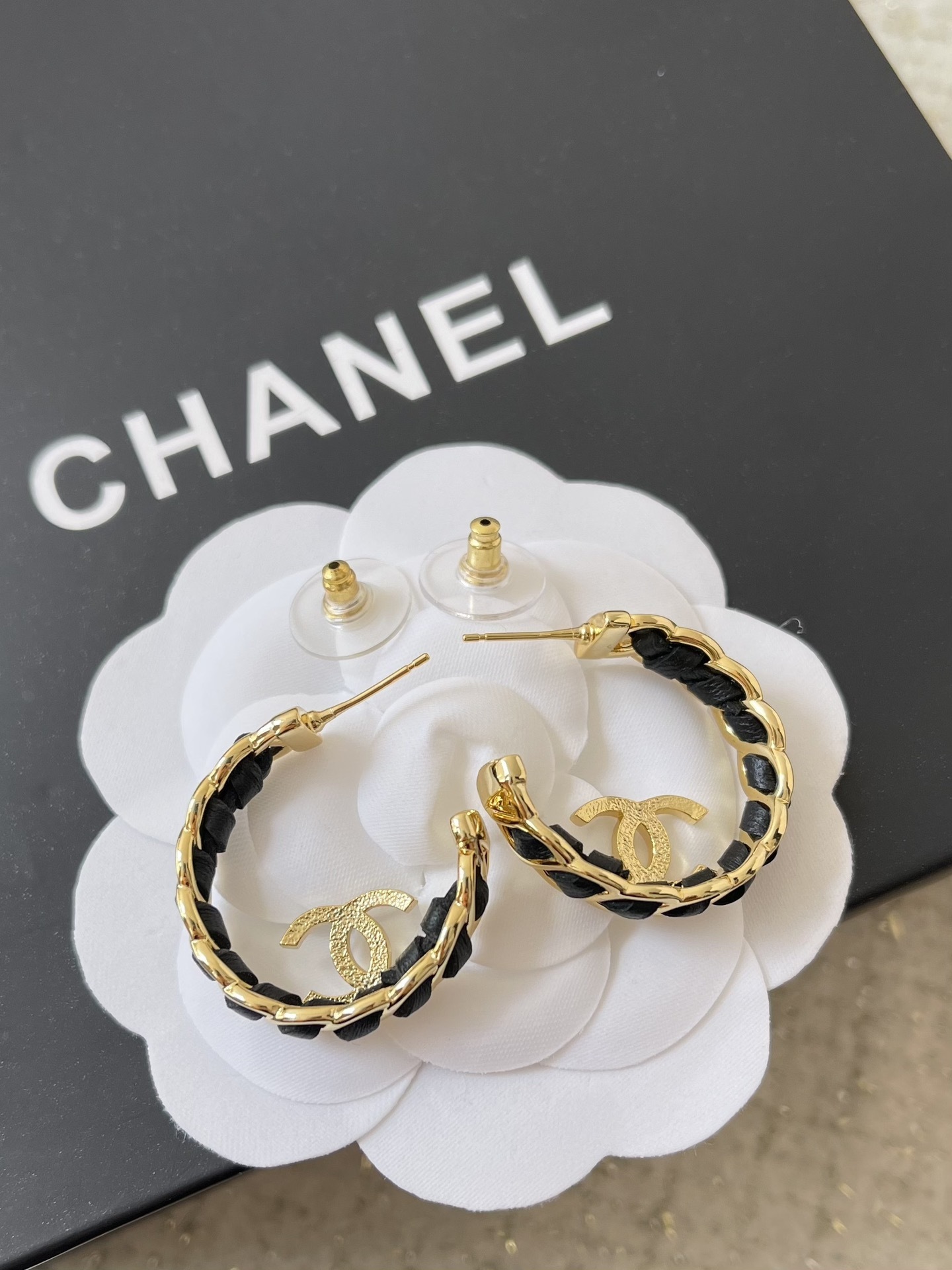 Chanel Gold-Tone & Black Leather Interwoven CC Logo Hoop Earrings