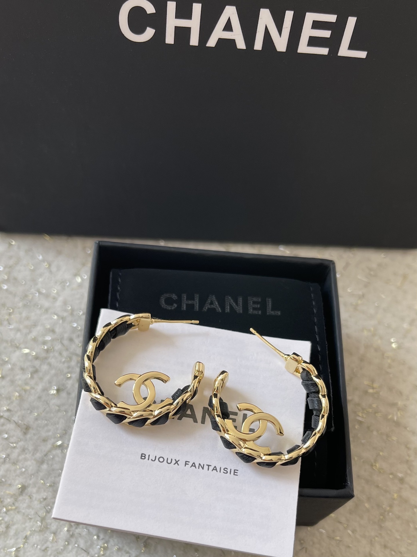 Chanel Gold-Tone & Black Leather Interwoven CC Logo Hoop Earrings