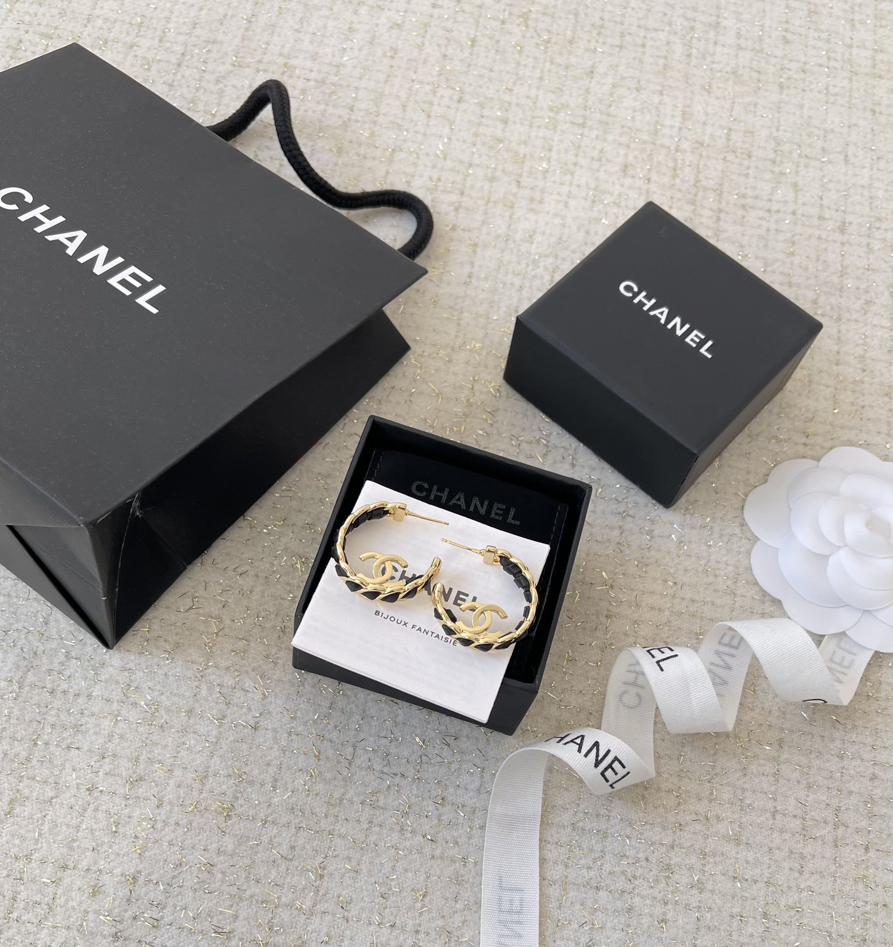 Chanel Gold-Tone & Black Leather Interwoven CC Logo Hoop Earrings