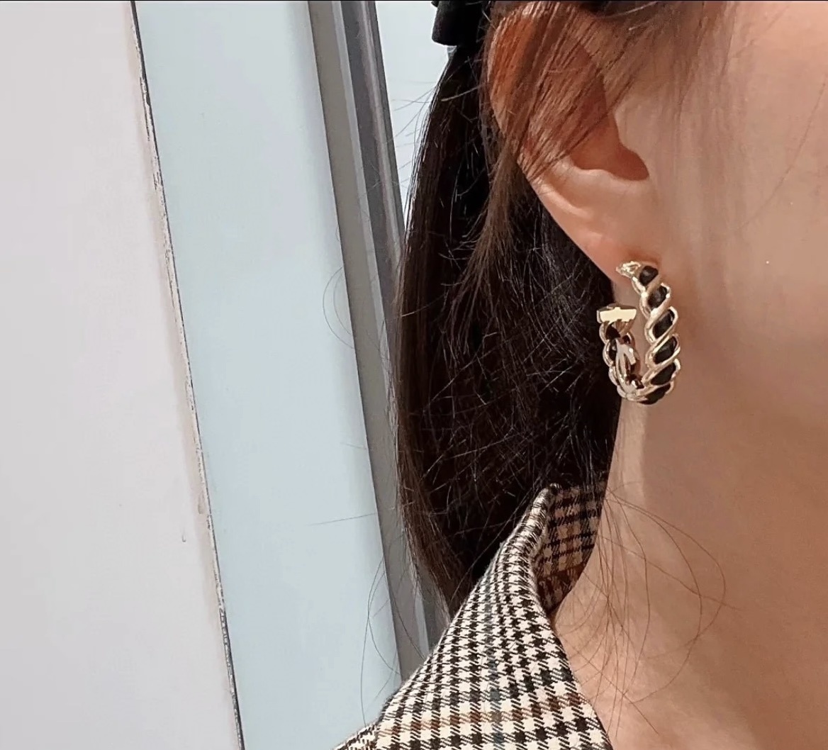 Chanel Gold-Tone & Black Leather Interwoven CC Logo Hoop Earrings