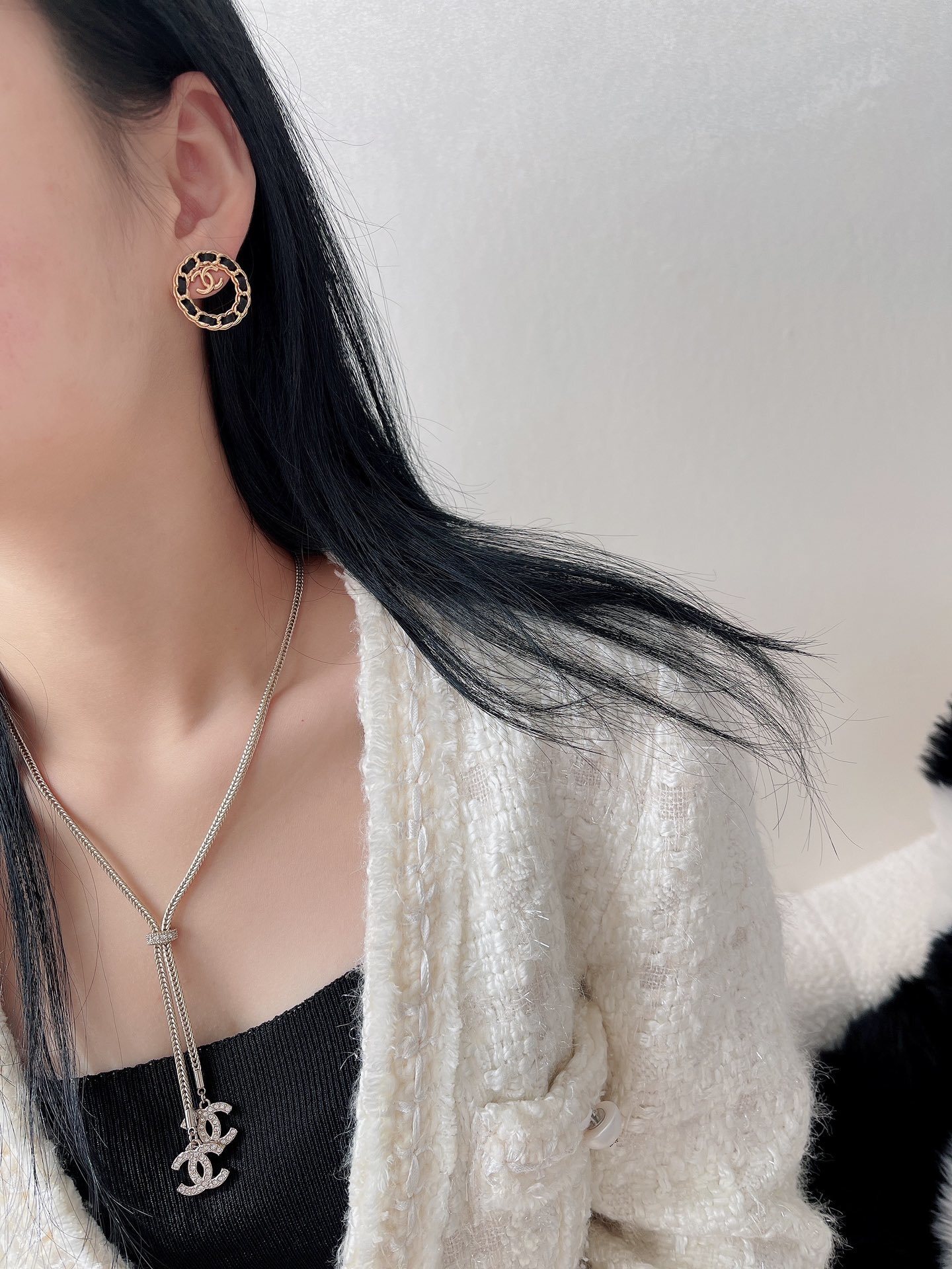 Vintage Gold Chain & Black Leather Round Logo Stud Earrings