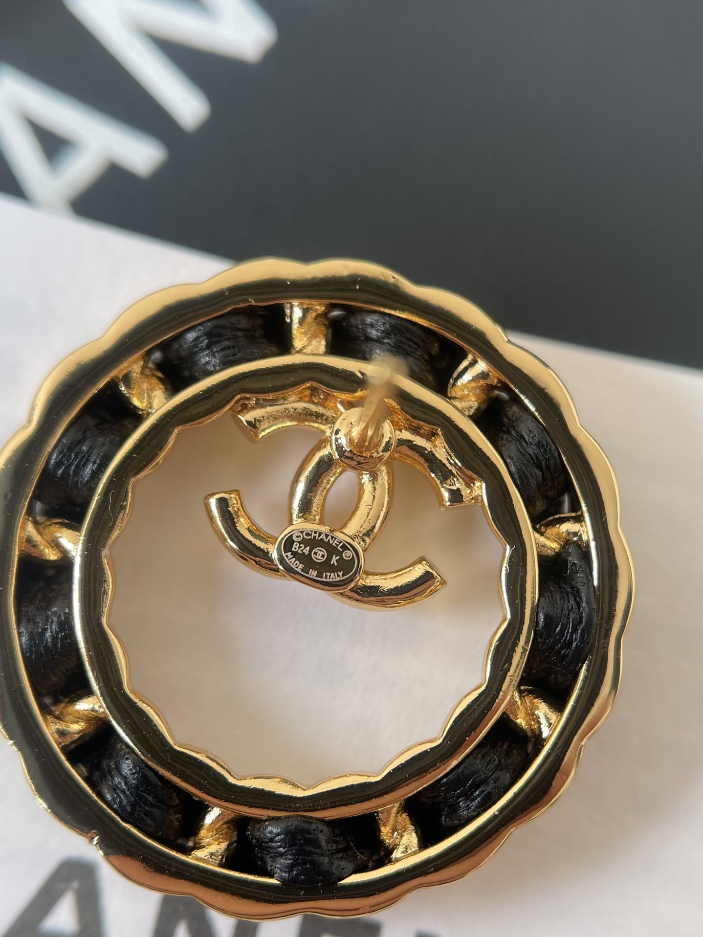 Vintage Gold Chain & Black Leather Round Logo Stud Earrings