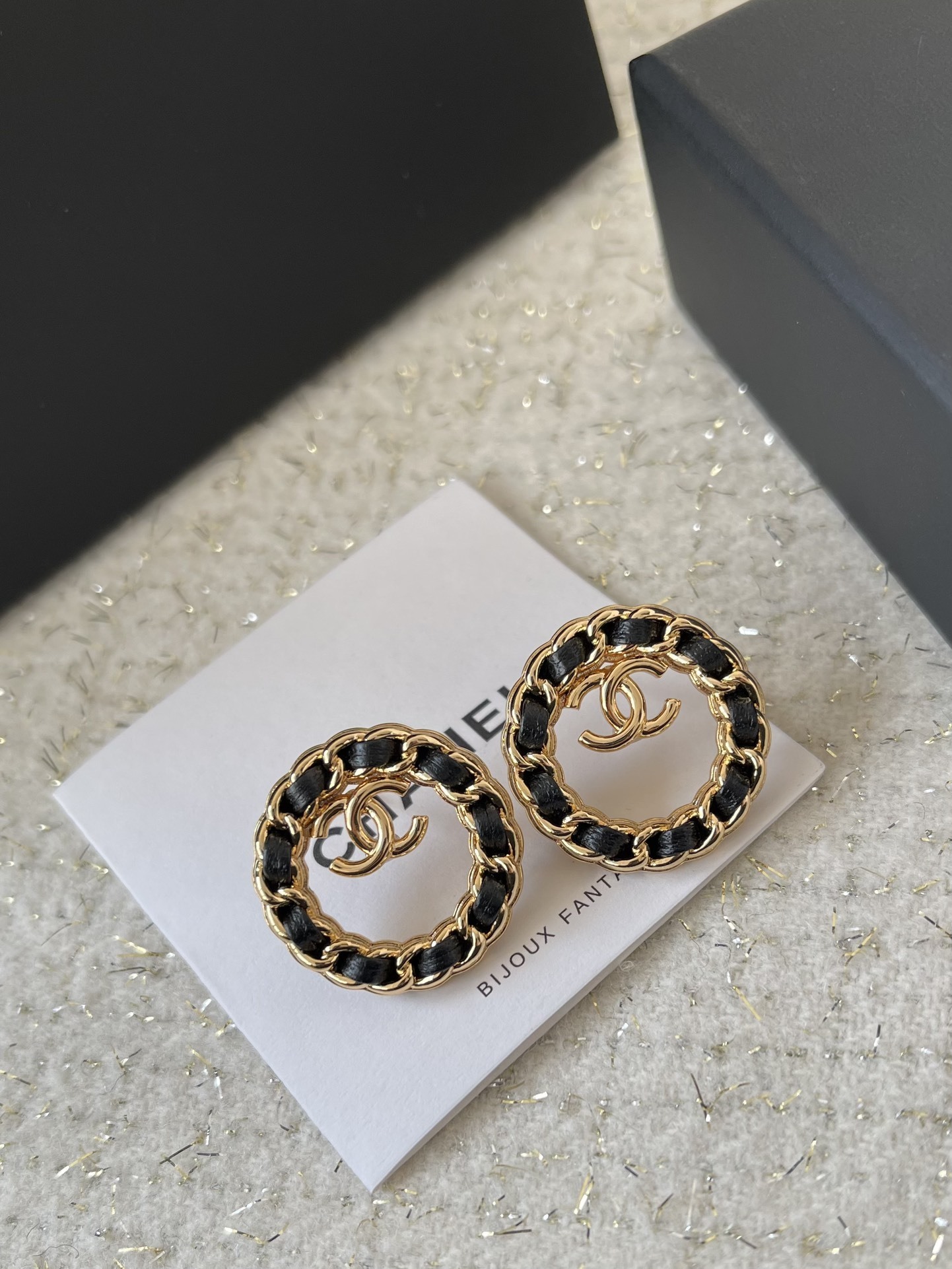 Vintage Gold Chain & Black Leather Round Logo Stud Earrings