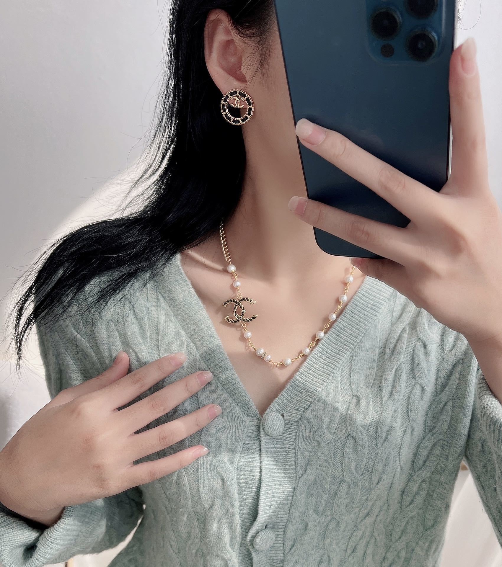 Vintage Gold Chain & Black Leather Round Logo Stud Earrings