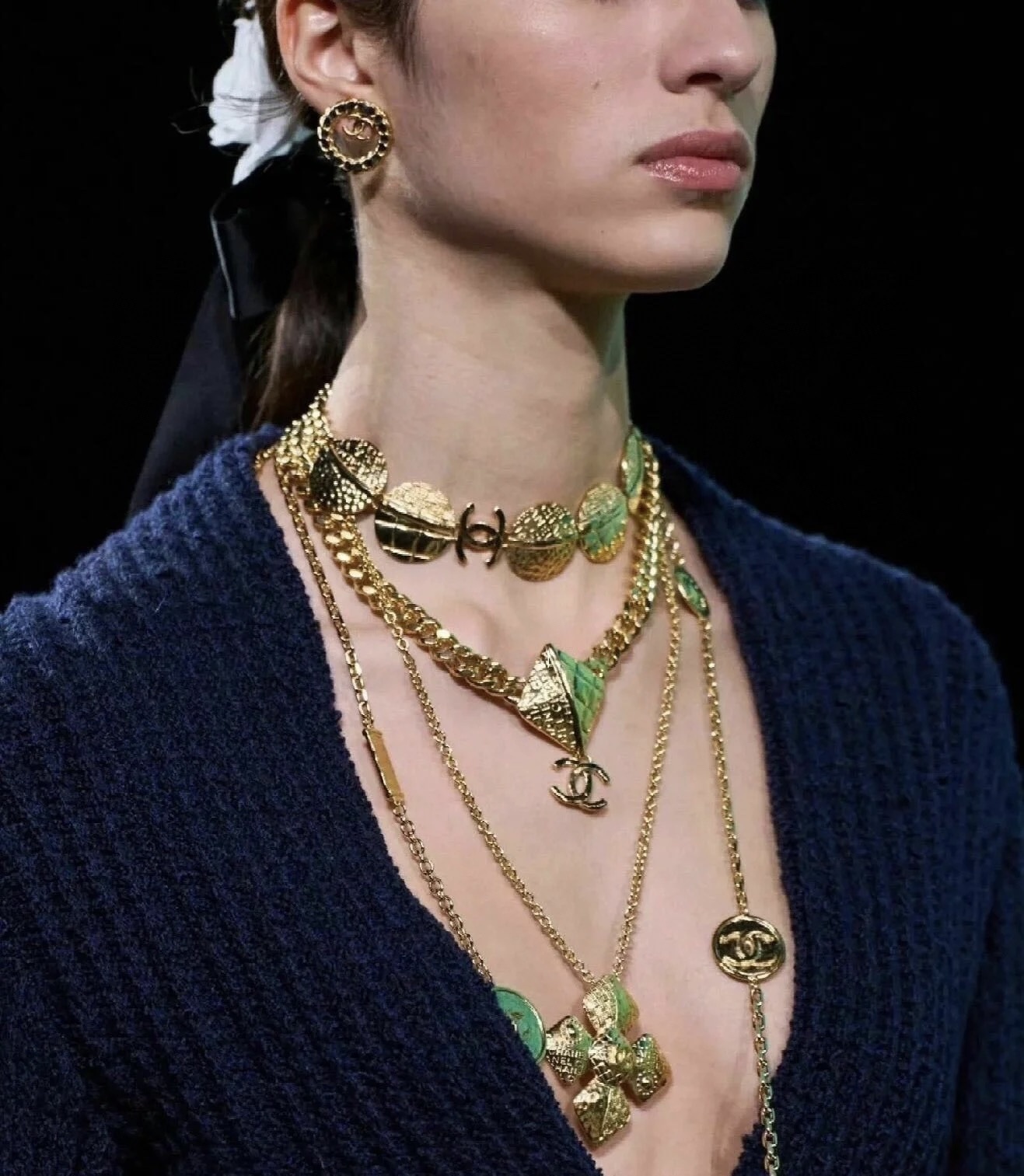 Vintage Gold Chain & Black Leather Round Logo Stud Earrings