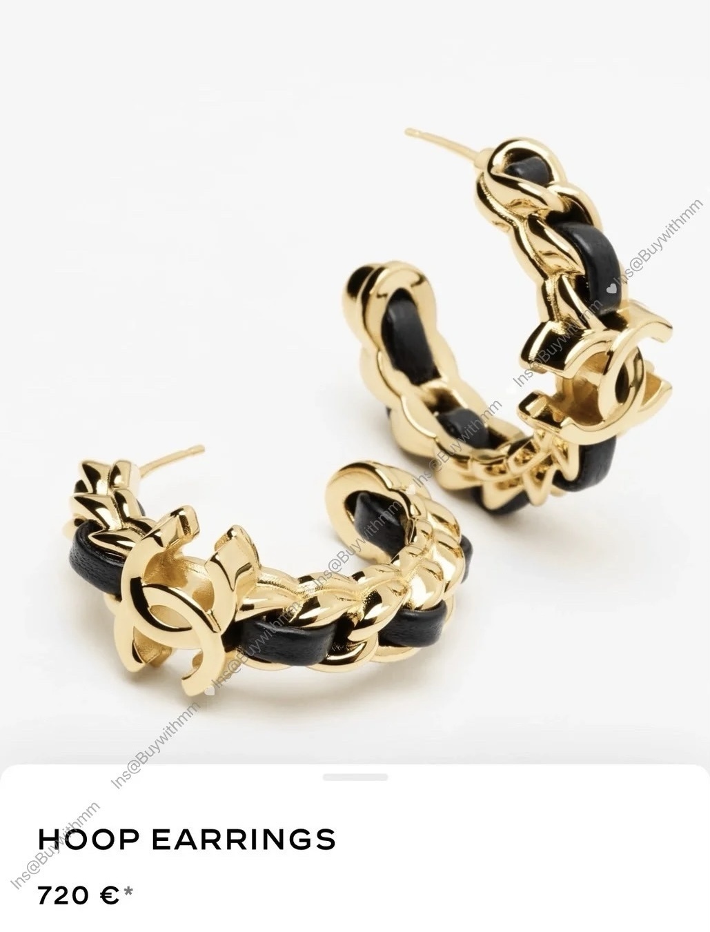 Luxury Gold & Black Leather Chain Hoop Earrings with CC Logo
