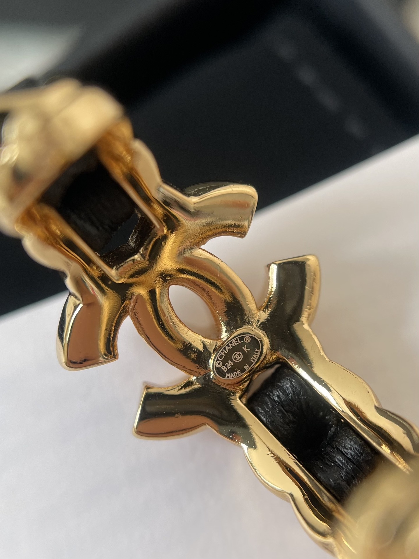 Luxury Gold & Black Leather Chain Hoop Earrings with CC Logo