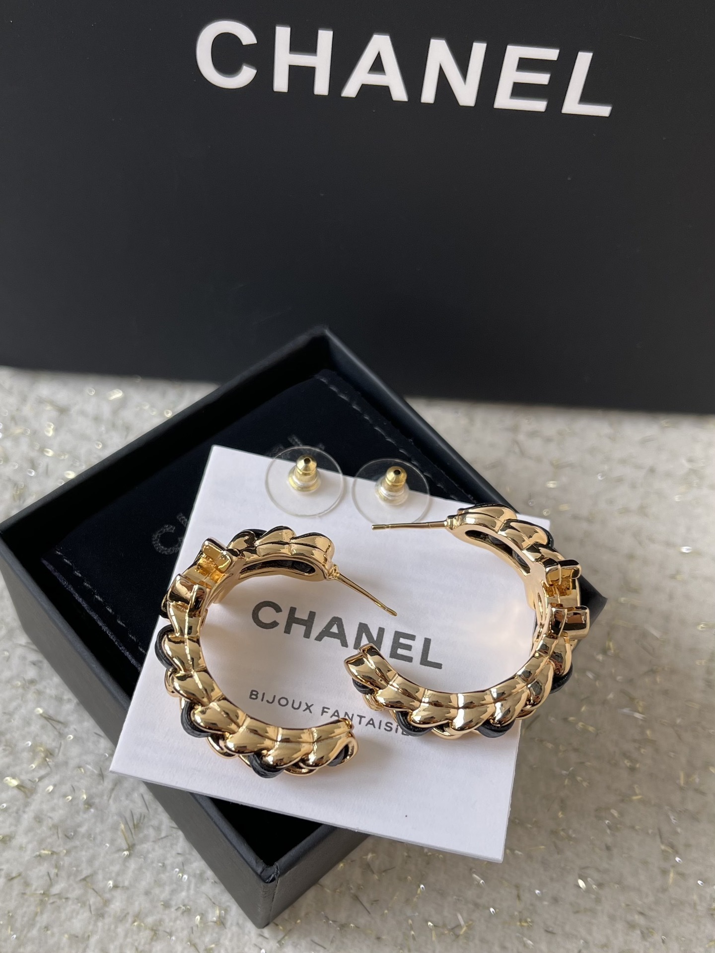 Luxury Gold & Black Leather Chain Hoop Earrings with CC Logo