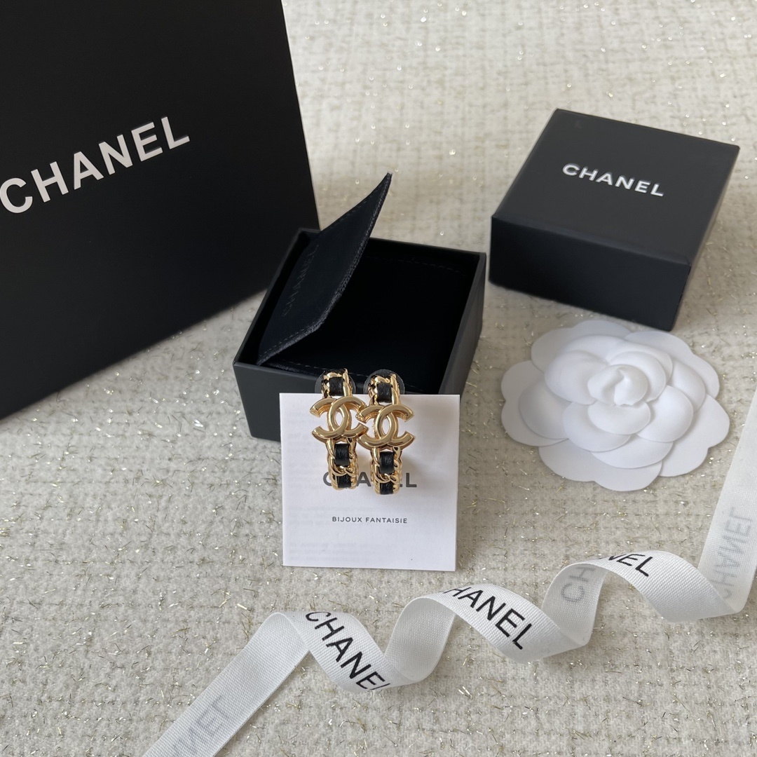 Luxury Gold & Black Leather Chain Hoop Earrings with CC Logo