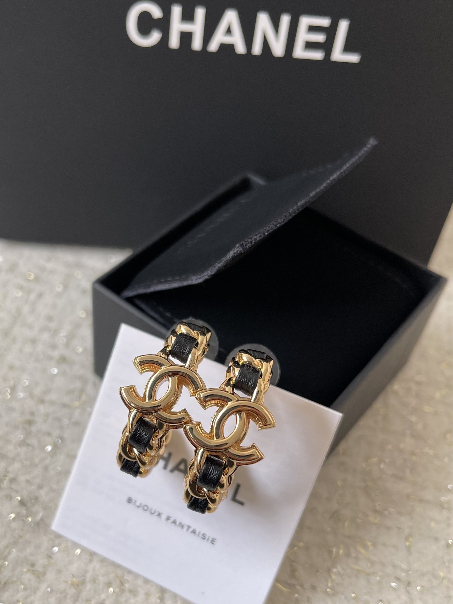 Luxury Gold & Black Leather Chain Hoop Earrings with CC Logo