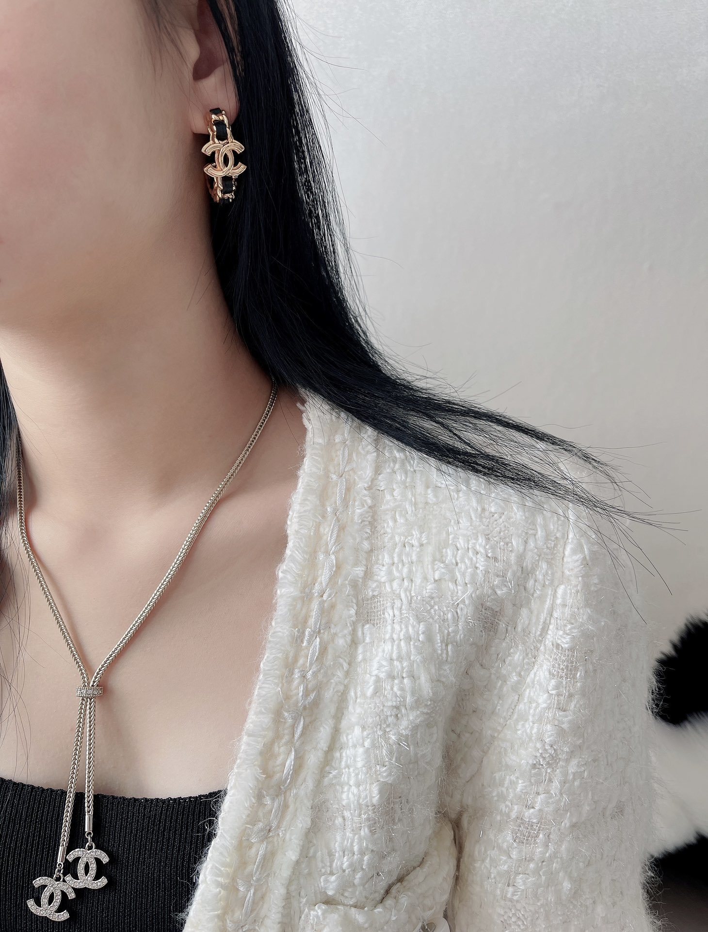 Luxury Gold & Black Leather Chain Hoop Earrings with CC Logo