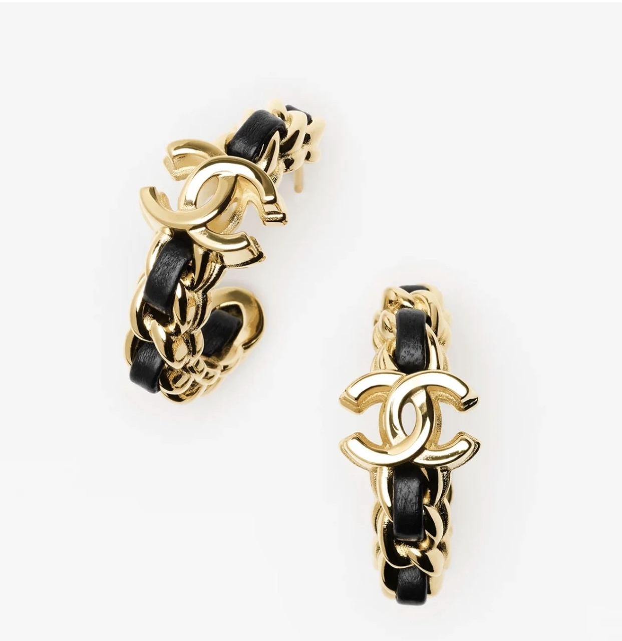 Luxury Gold & Black Leather Chain Hoop Earrings with CC Logo