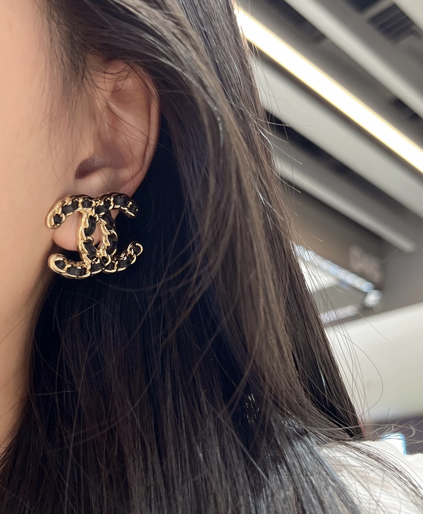 Elegant CC Logo Stud Earrings with Gold Metal and Black Leather