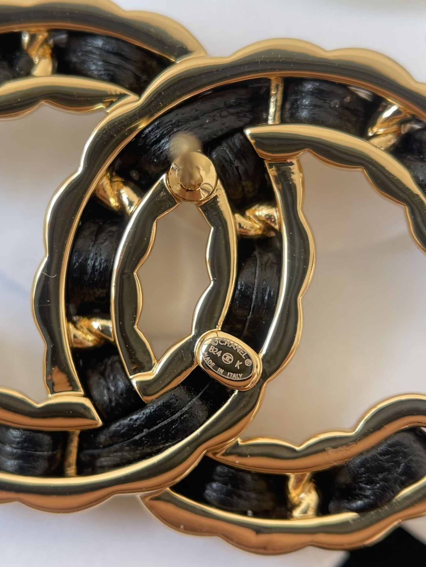 Elegant CC Logo Stud Earrings with Gold Metal and Black Leather