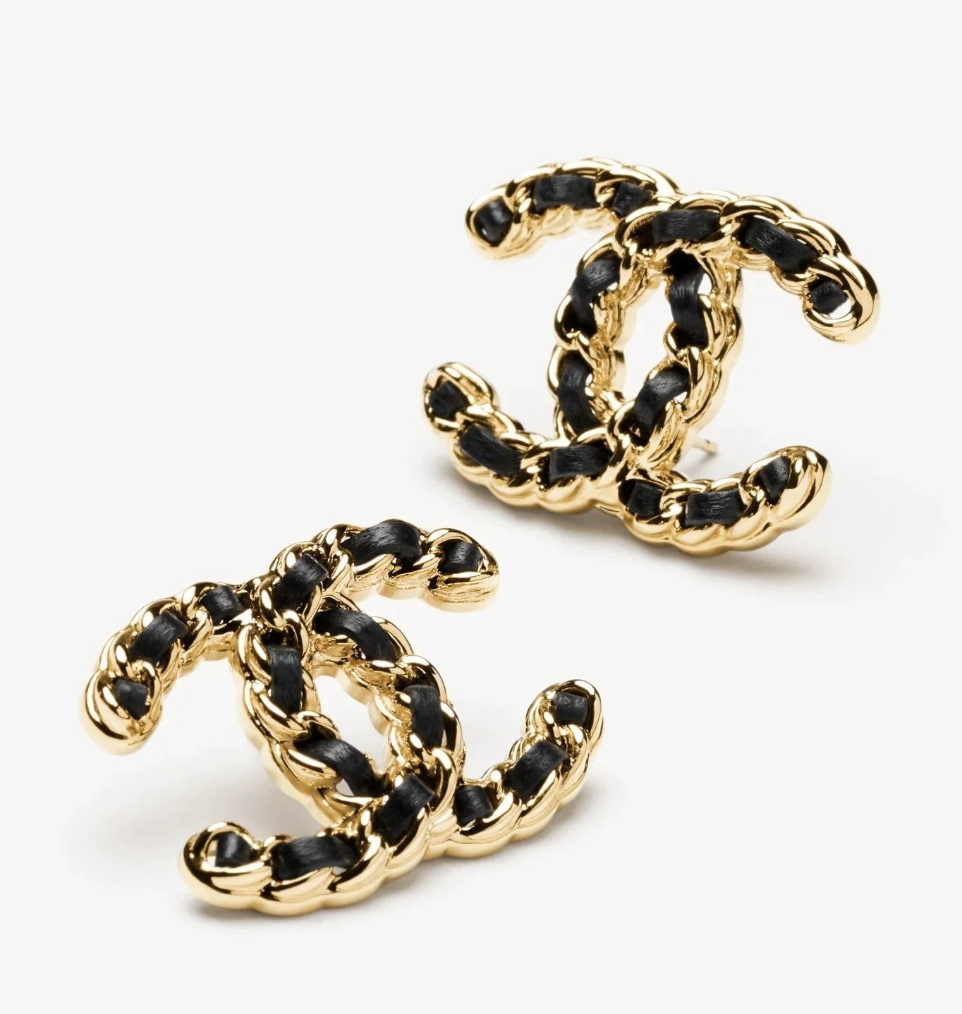 Elegant CC Logo Stud Earrings with Gold Metal and Black Leather