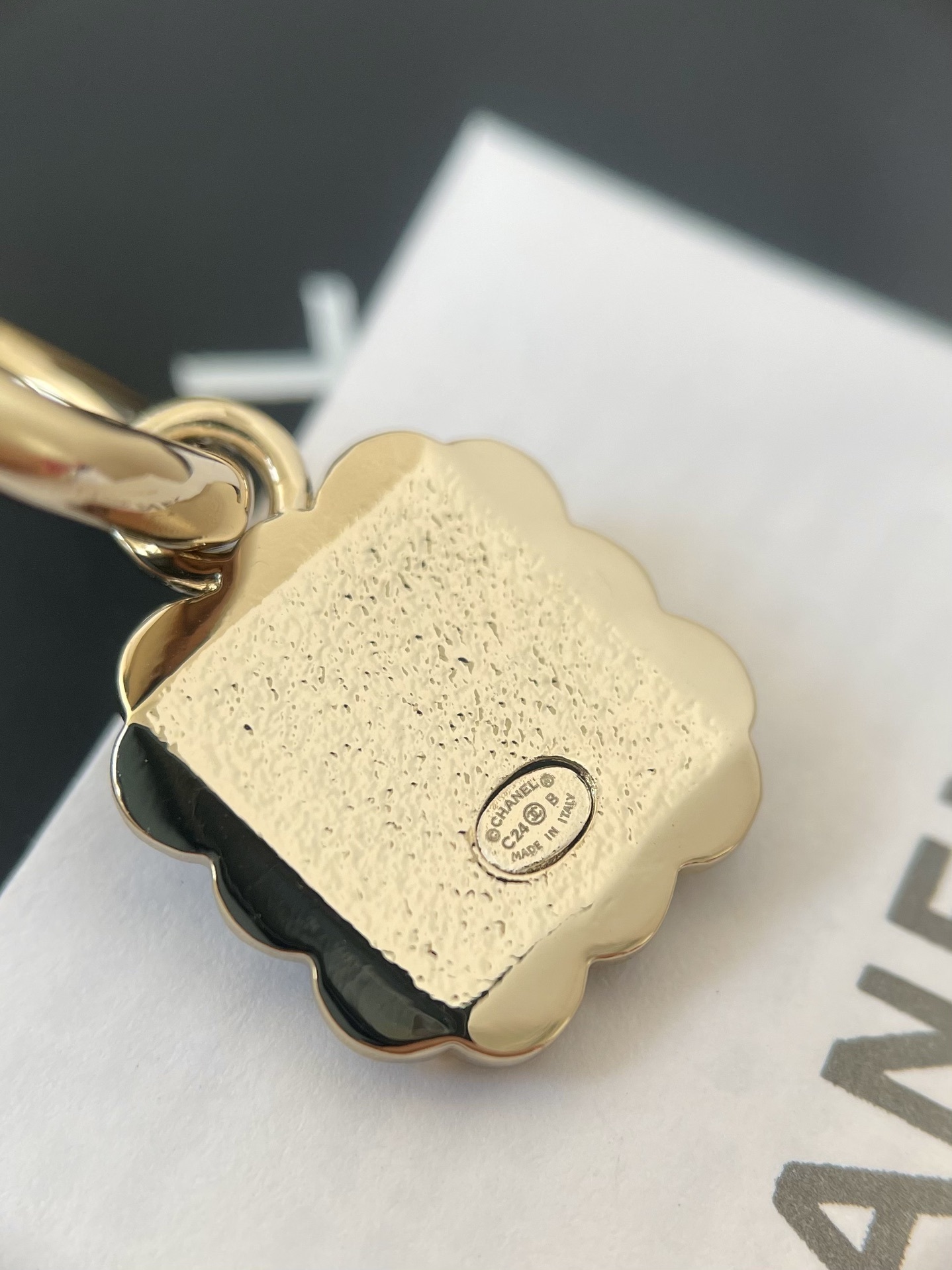 Luxury CC Logo Rectangular Charm Hoop Earrings in Gold & White