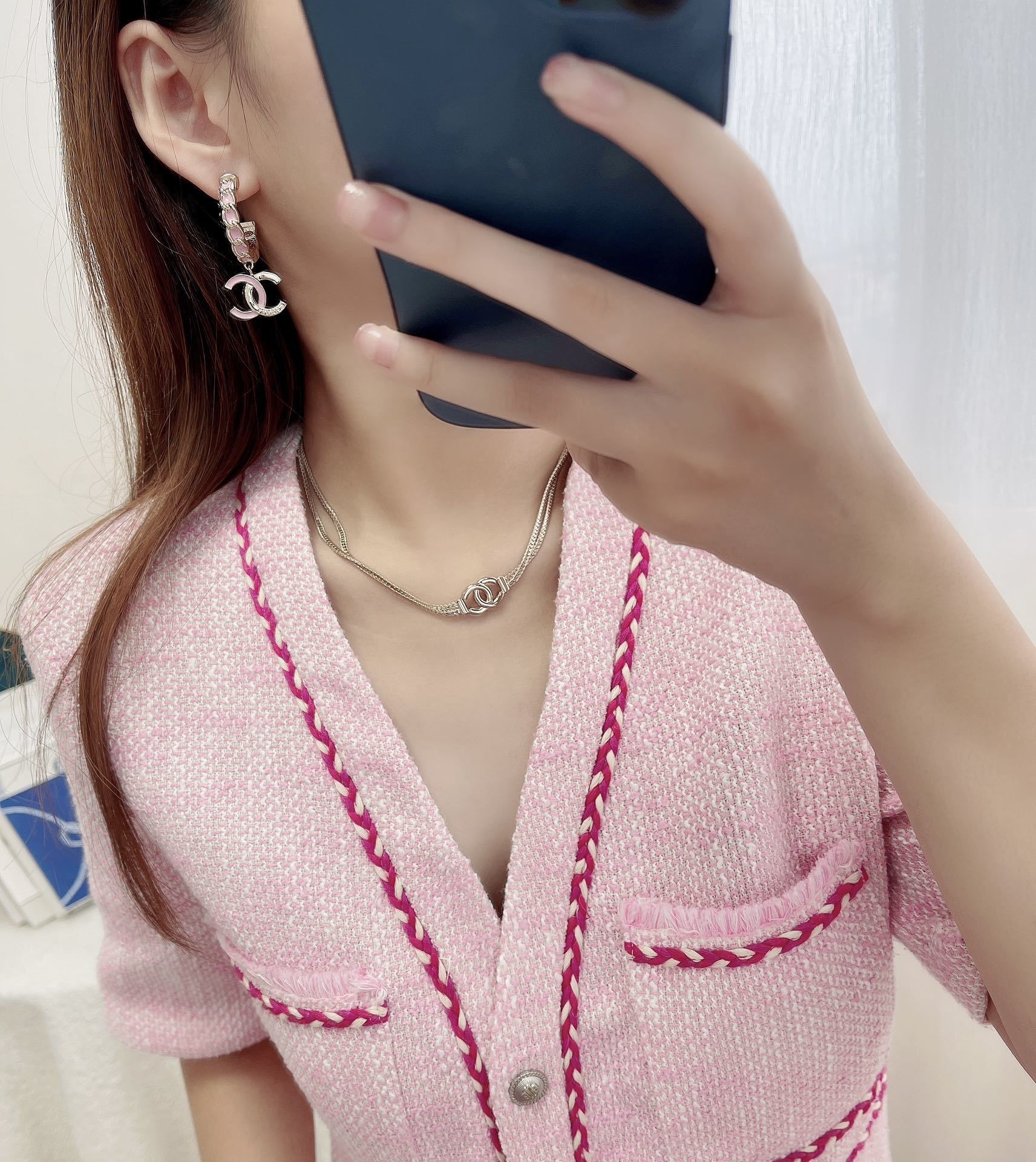 Luxury Gold & Pink Enamel CC Logo Hoop Earrings for Women