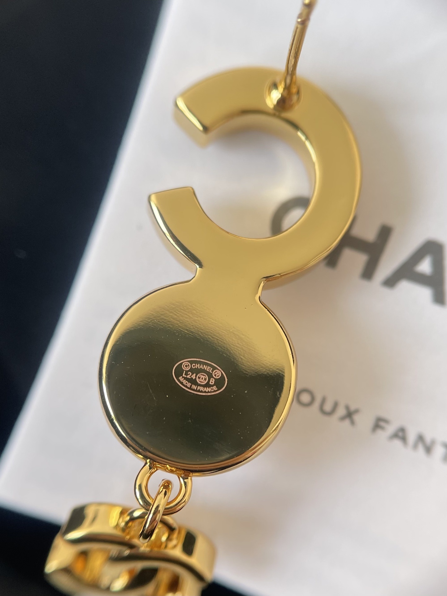 Chanel Gold-Tone CC Logo Pearl Drop Earrings with Black Enamel