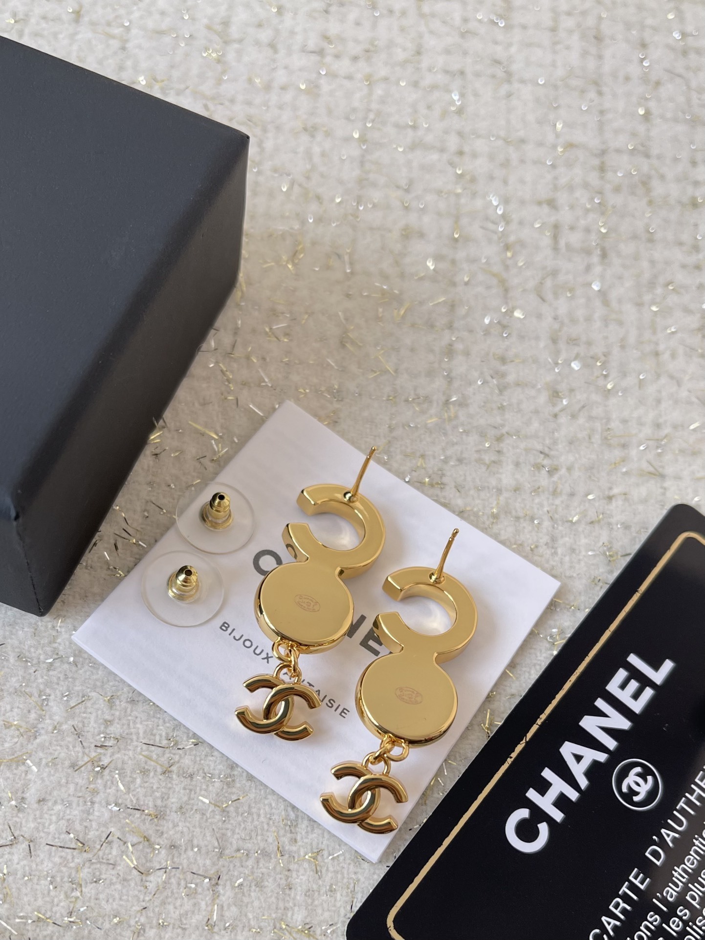 Chanel Gold-Tone CC Logo Pearl Drop Earrings with Black Enamel