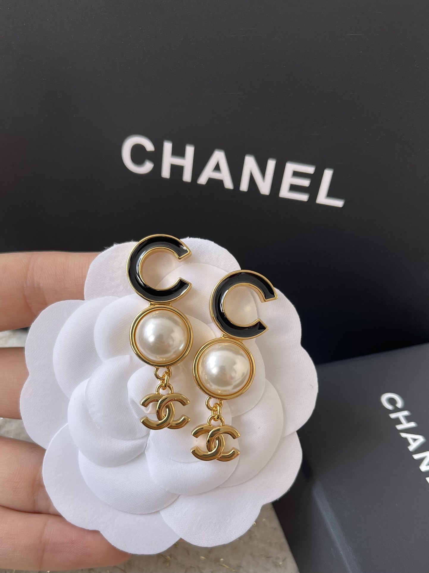 Chanel Gold-Tone CC Logo Pearl Drop Earrings with Black Enamel
