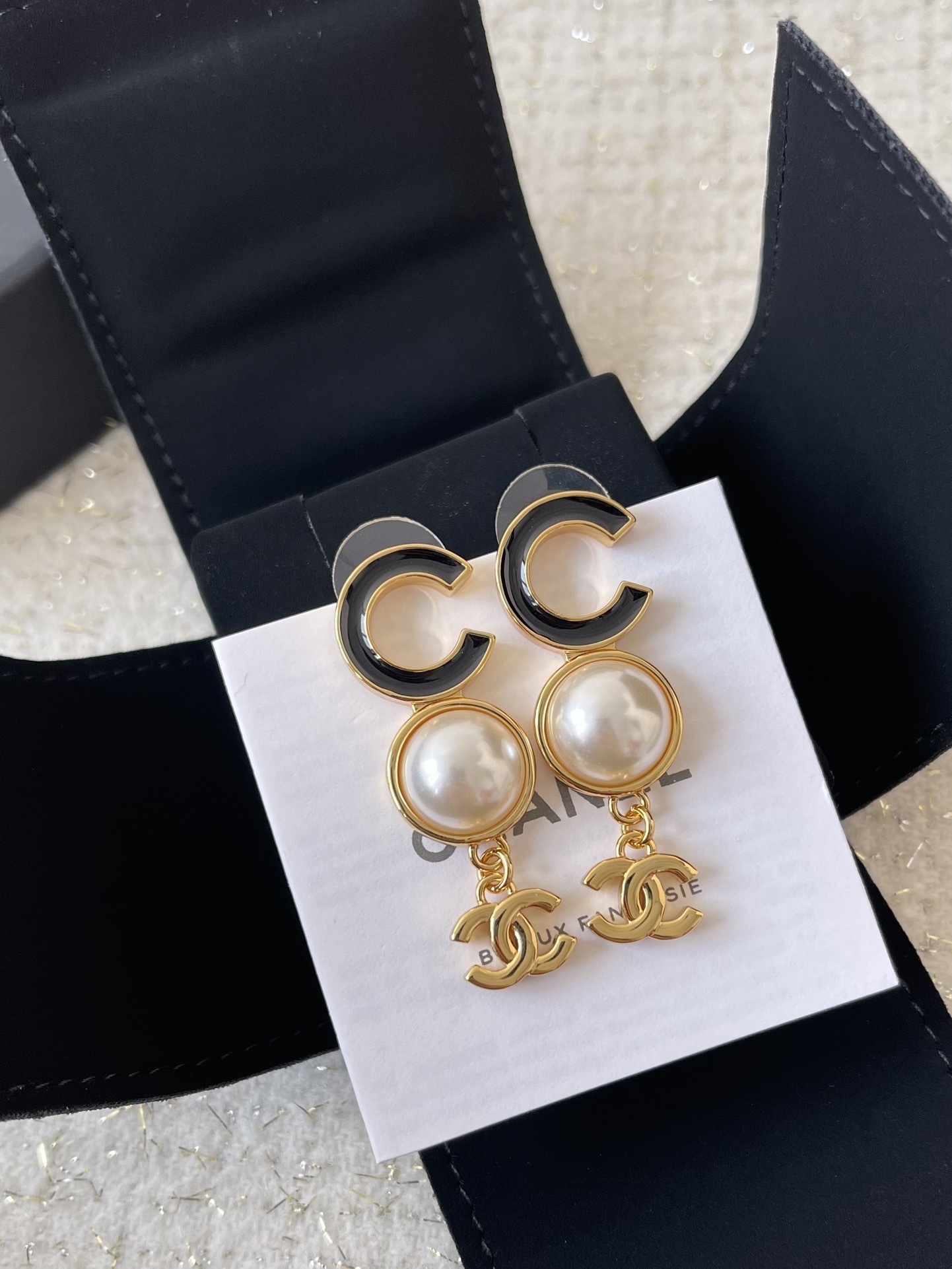 Chanel Gold-Tone CC Logo Pearl Drop Earrings with Black Enamel