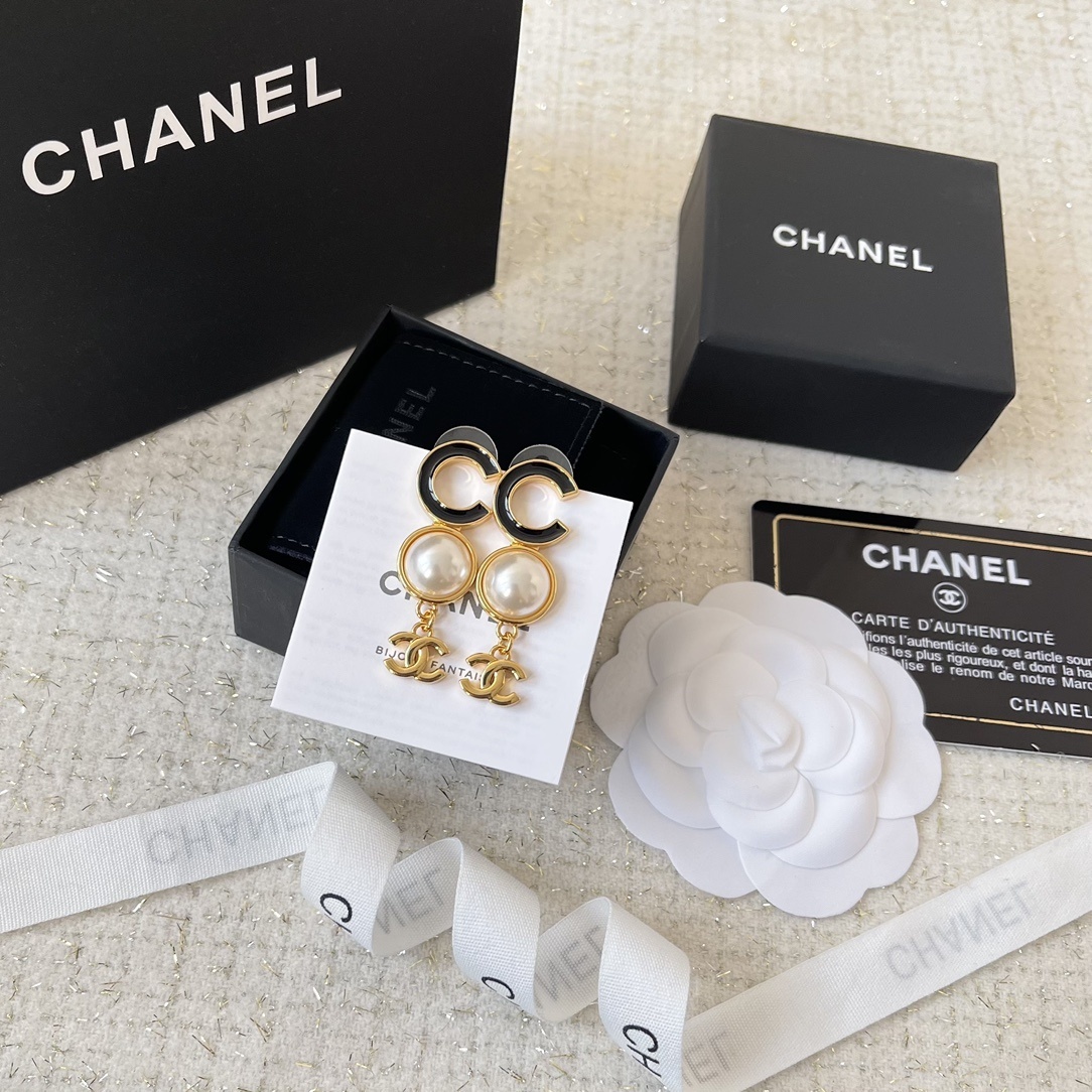 Chanel Gold-Tone CC Logo Pearl Drop Earrings with Black Enamel