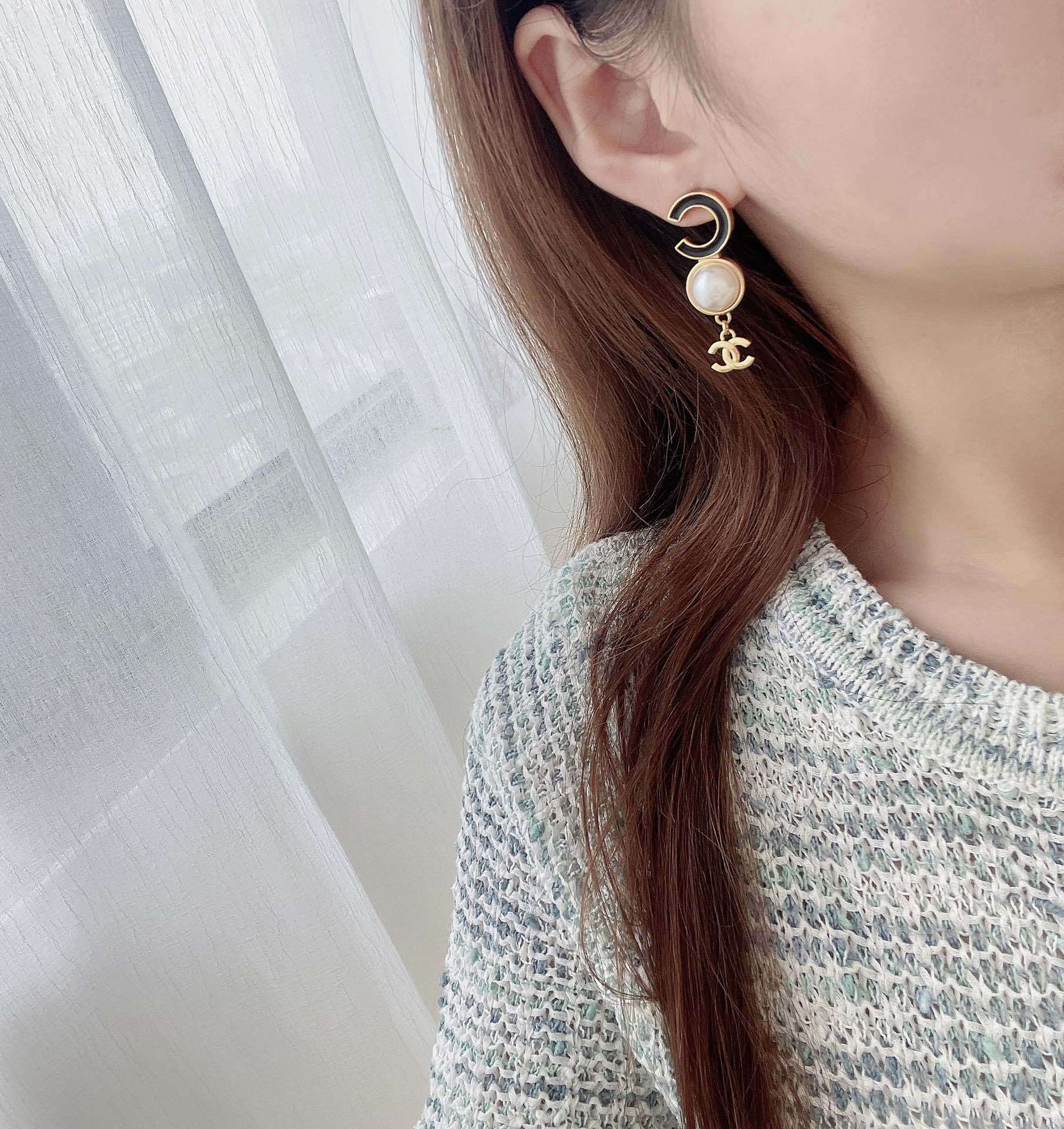 Chanel Gold-Tone CC Logo Pearl Drop Earrings with Black Enamel