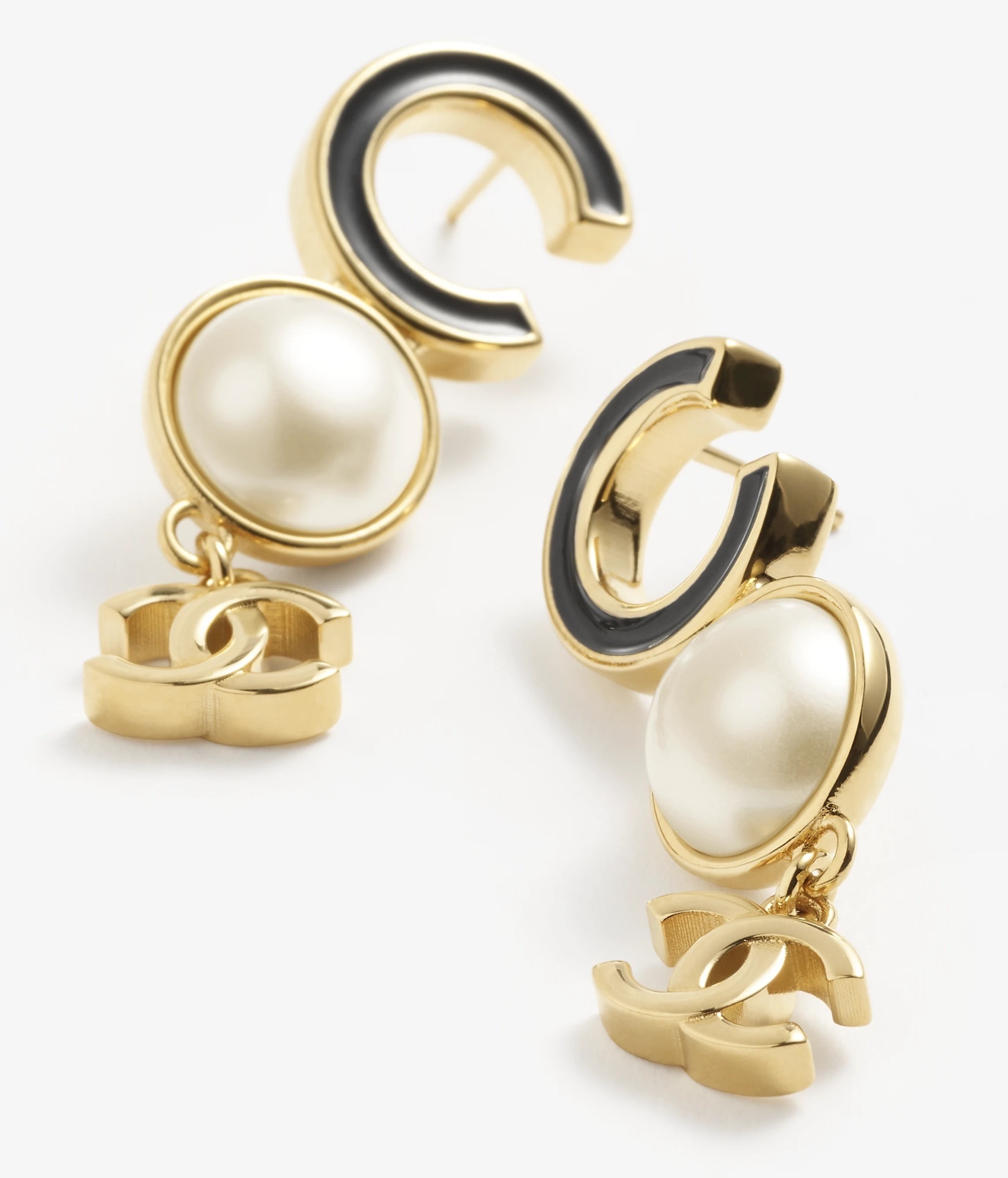 Chanel Gold-Tone CC Logo Pearl Drop Earrings with Black Enamel
