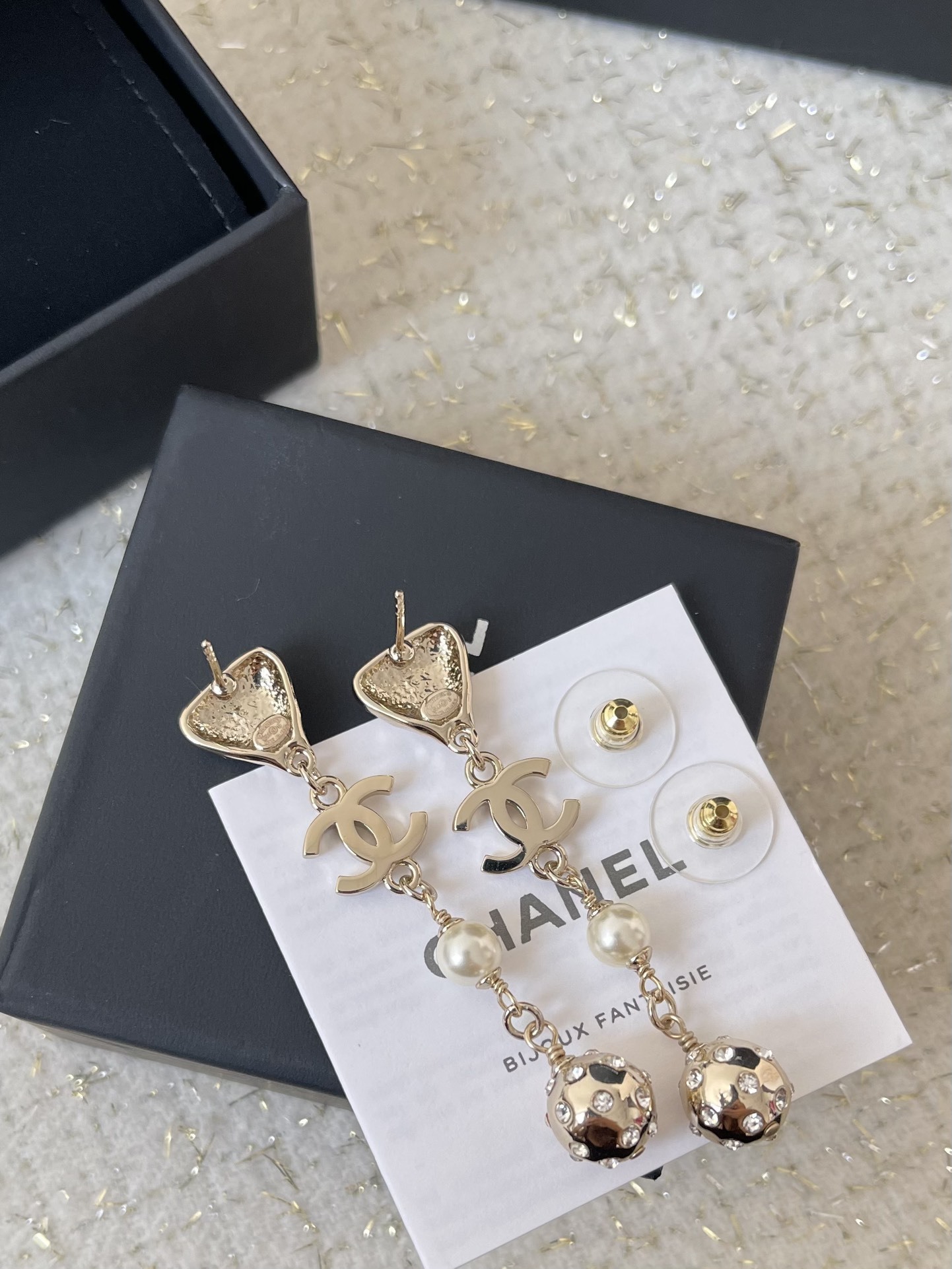 Chanel CC Logo Gold-Tone Drop Earrings with Crystals and Pearls