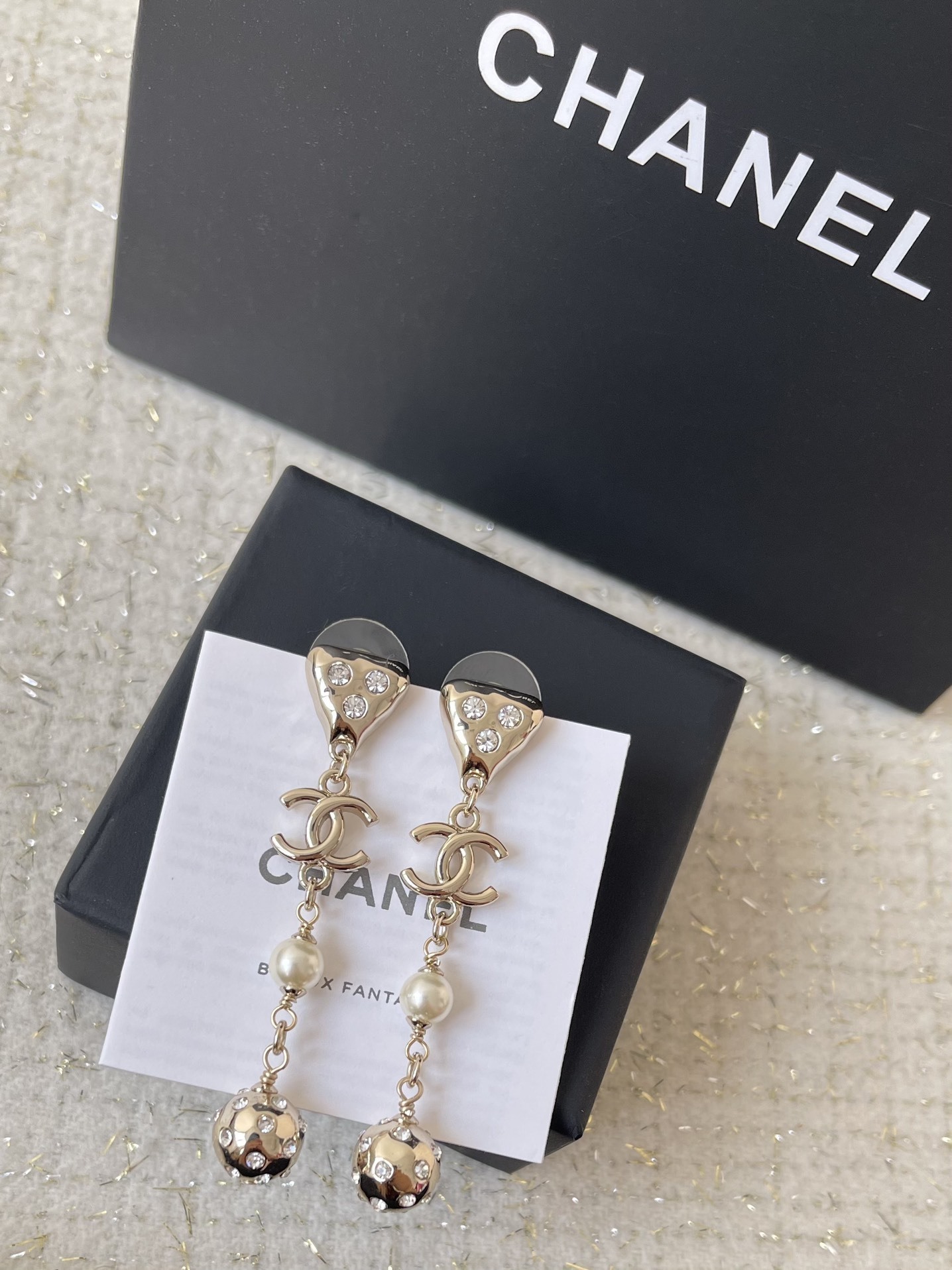Chanel CC Logo Gold-Tone Drop Earrings with Crystals and Pearls
