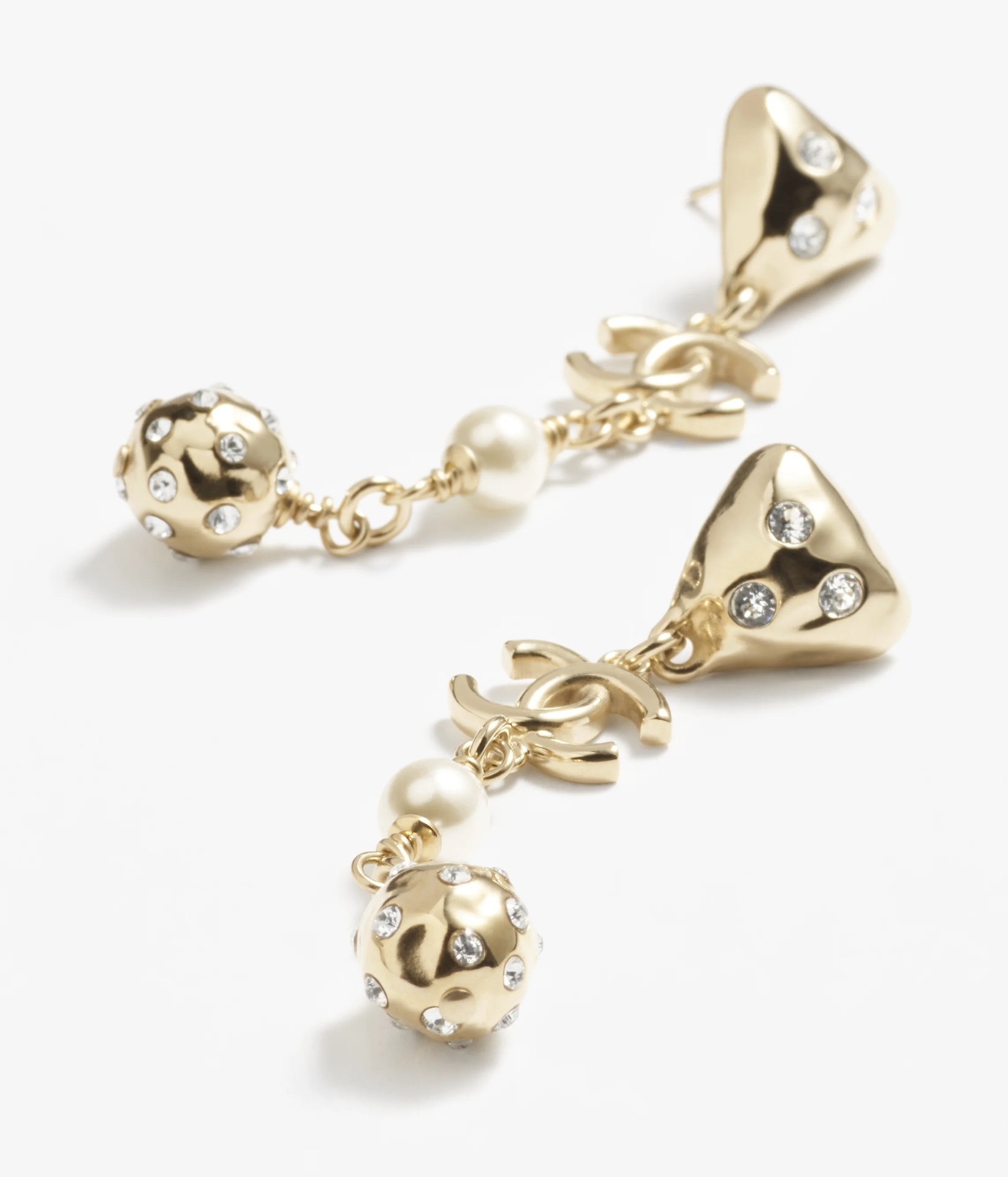 Chanel CC Logo Gold-Tone Drop Earrings with Crystals and Pearls
