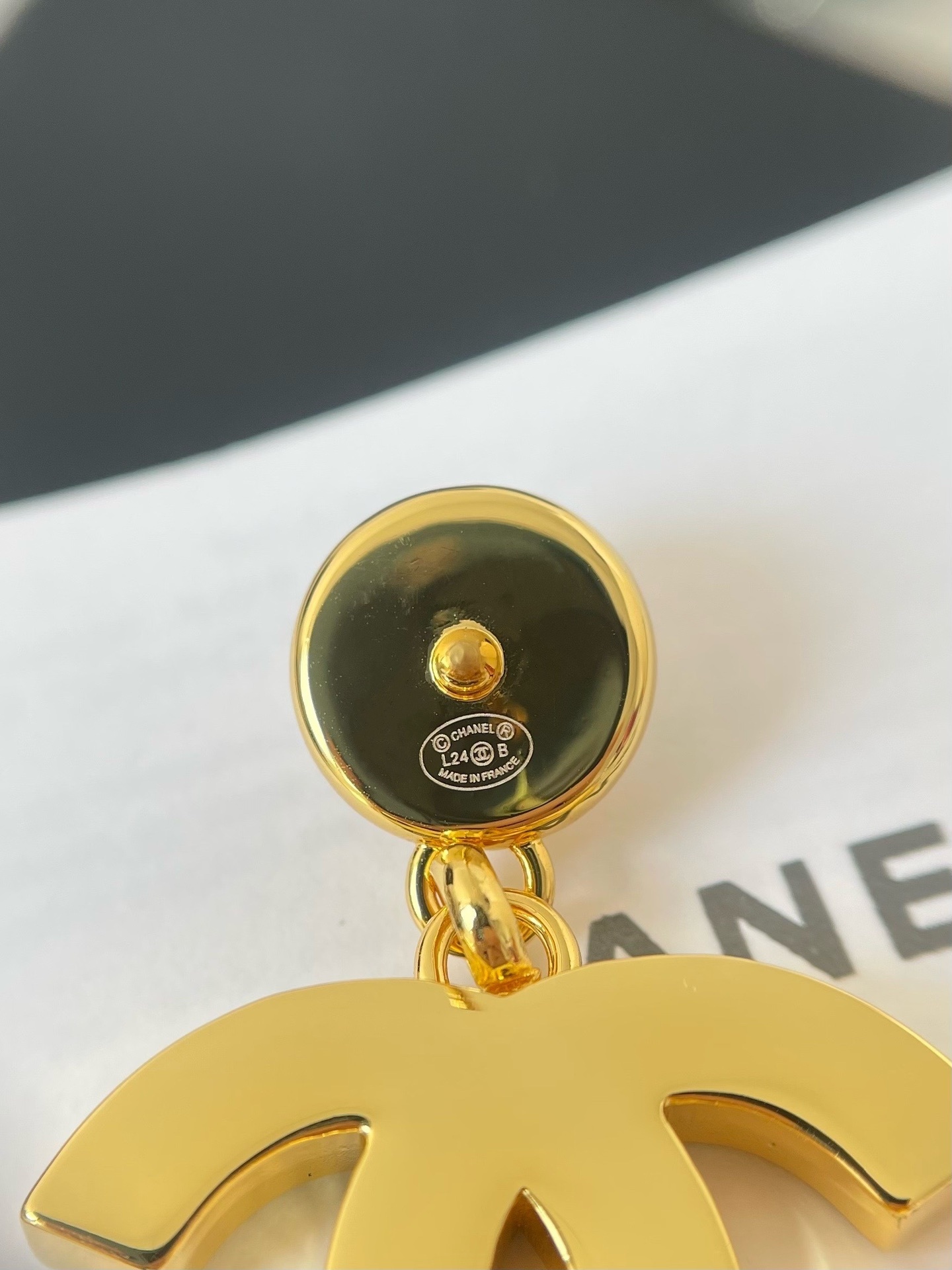 Chanel CC Logo Pearl Drop Earrings - Gold & Black Enamel