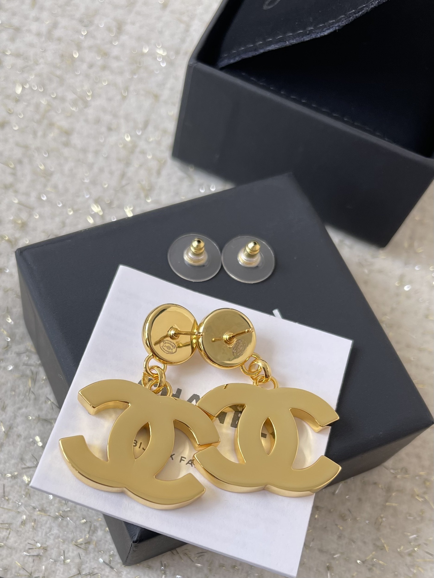 Chanel CC Logo Pearl Drop Earrings - Gold & Black Enamel