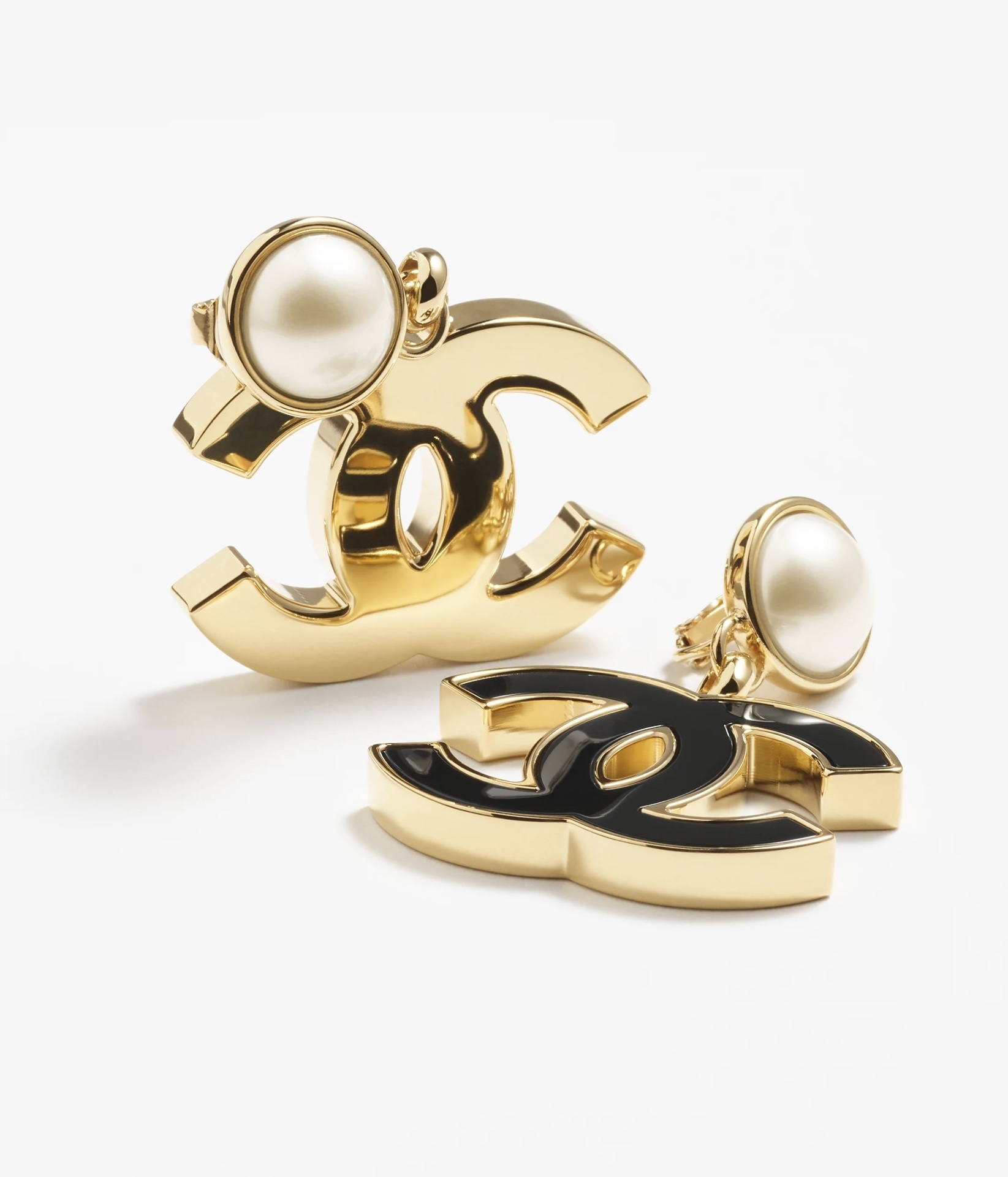 Chanel CC Logo Pearl Drop Earrings - Gold & Black Enamel