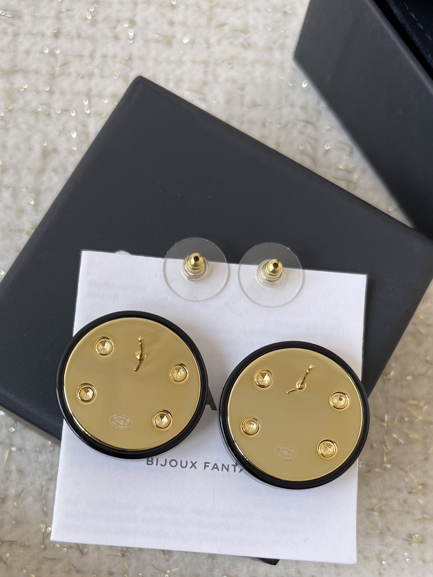Luxury Chanel CC Logo Round Stud Earrings - Black & Gold