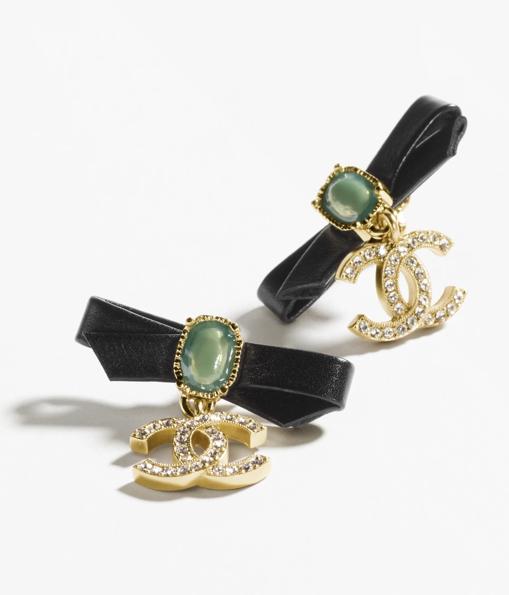 Chanel CC Logo Bow Earrings - Gold Crystal & Green Leather Jewelry