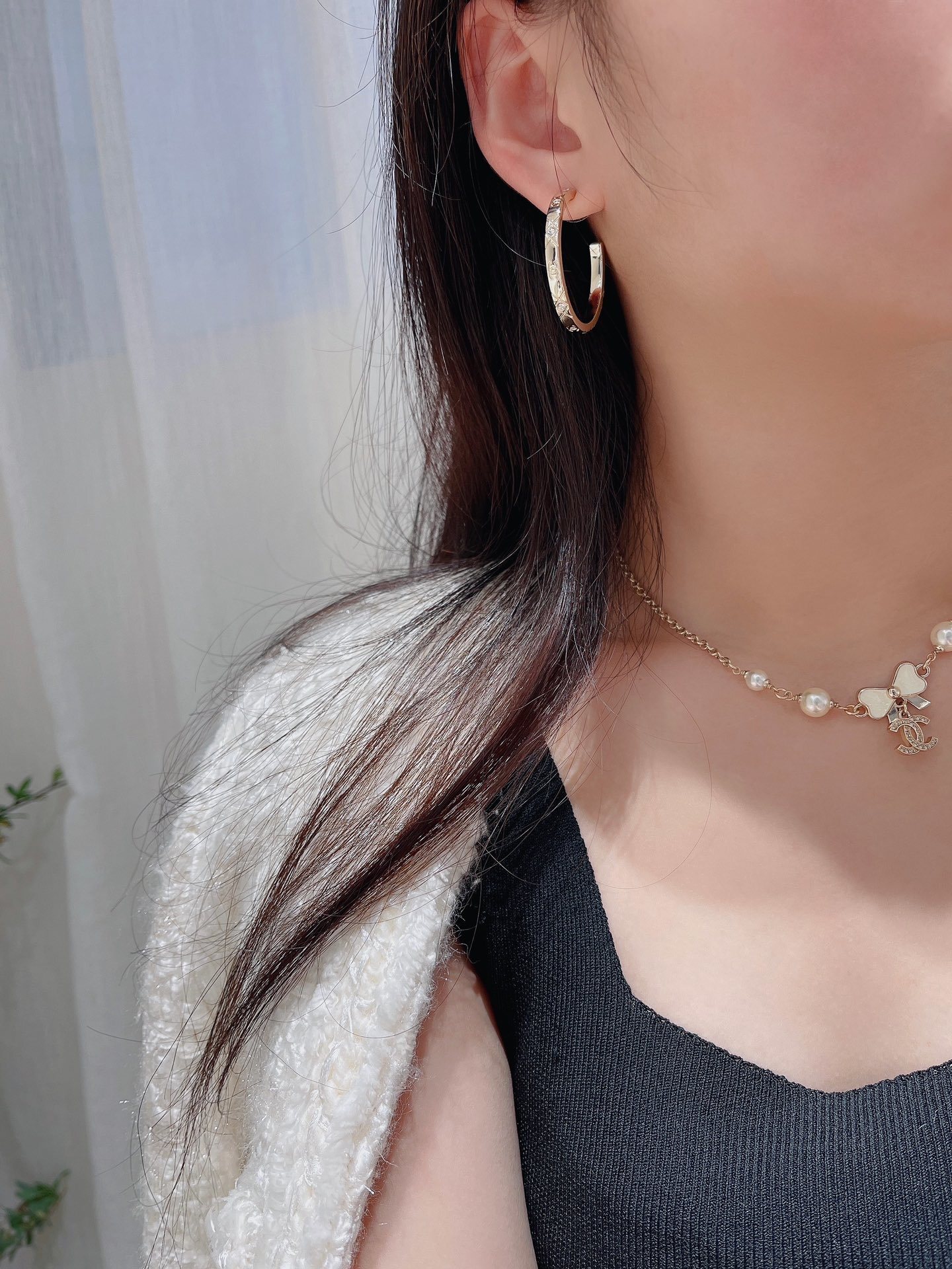 Chanel Gold Quilted Hoop Earrings with Crystals and CC Logo