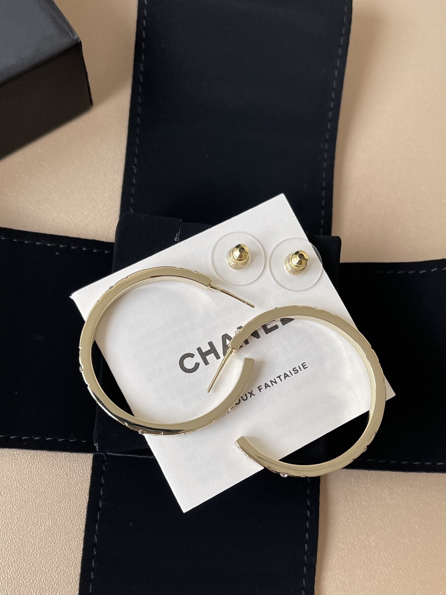 Chanel Gold Quilted Hoop Earrings with Crystals and CC Logo