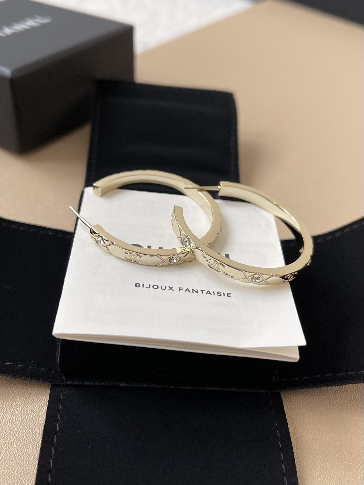 Chanel Gold Quilted Hoop Earrings with Crystals and CC Logo