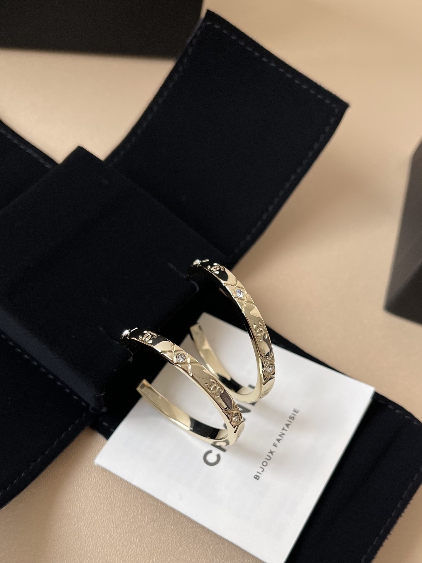 Chanel Gold Quilted Hoop Earrings with Crystals and CC Logo