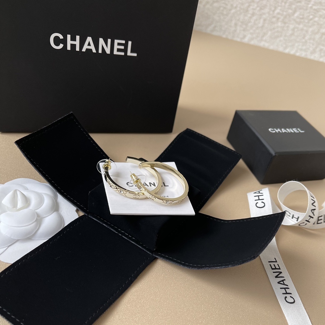 Chanel Gold Quilted Hoop Earrings with Crystals and CC Logo