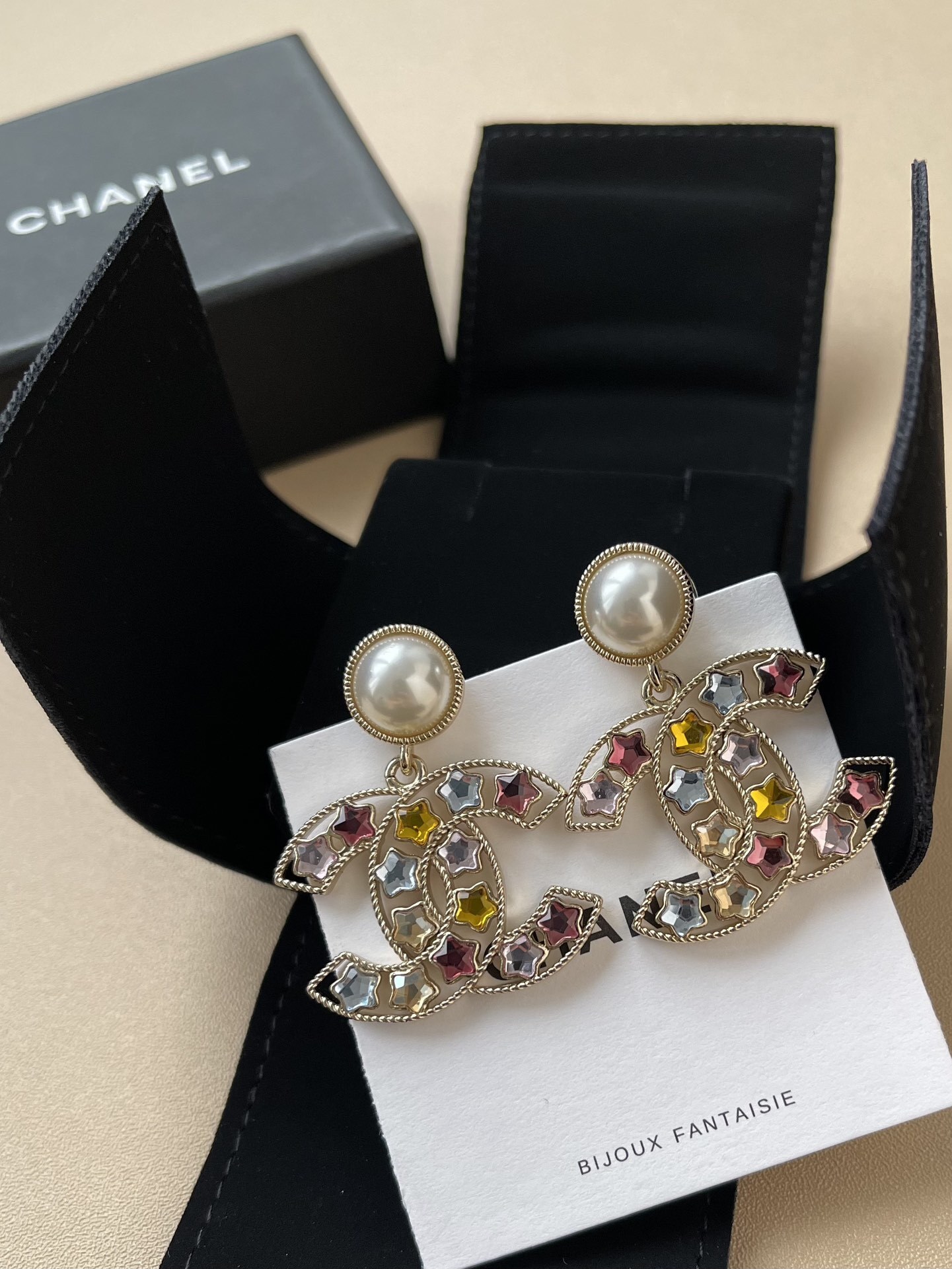 Luxury CC Logo Drop Earrings with Multi-Color Star Crystals & Pearl