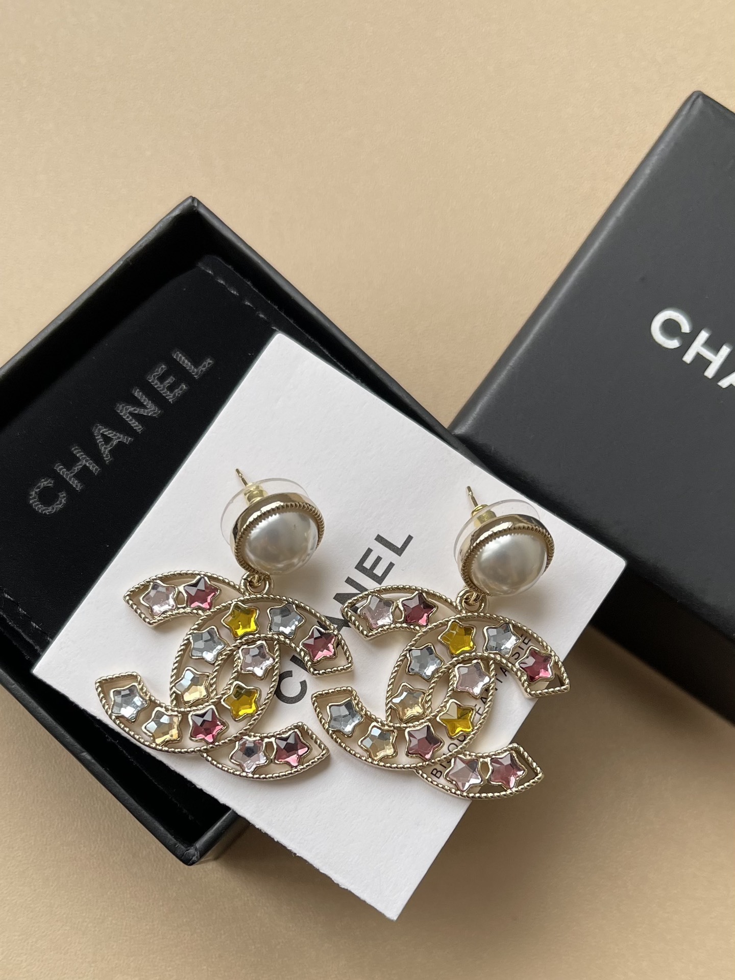 Luxury CC Logo Drop Earrings with Multi-Color Star Crystals & Pearl